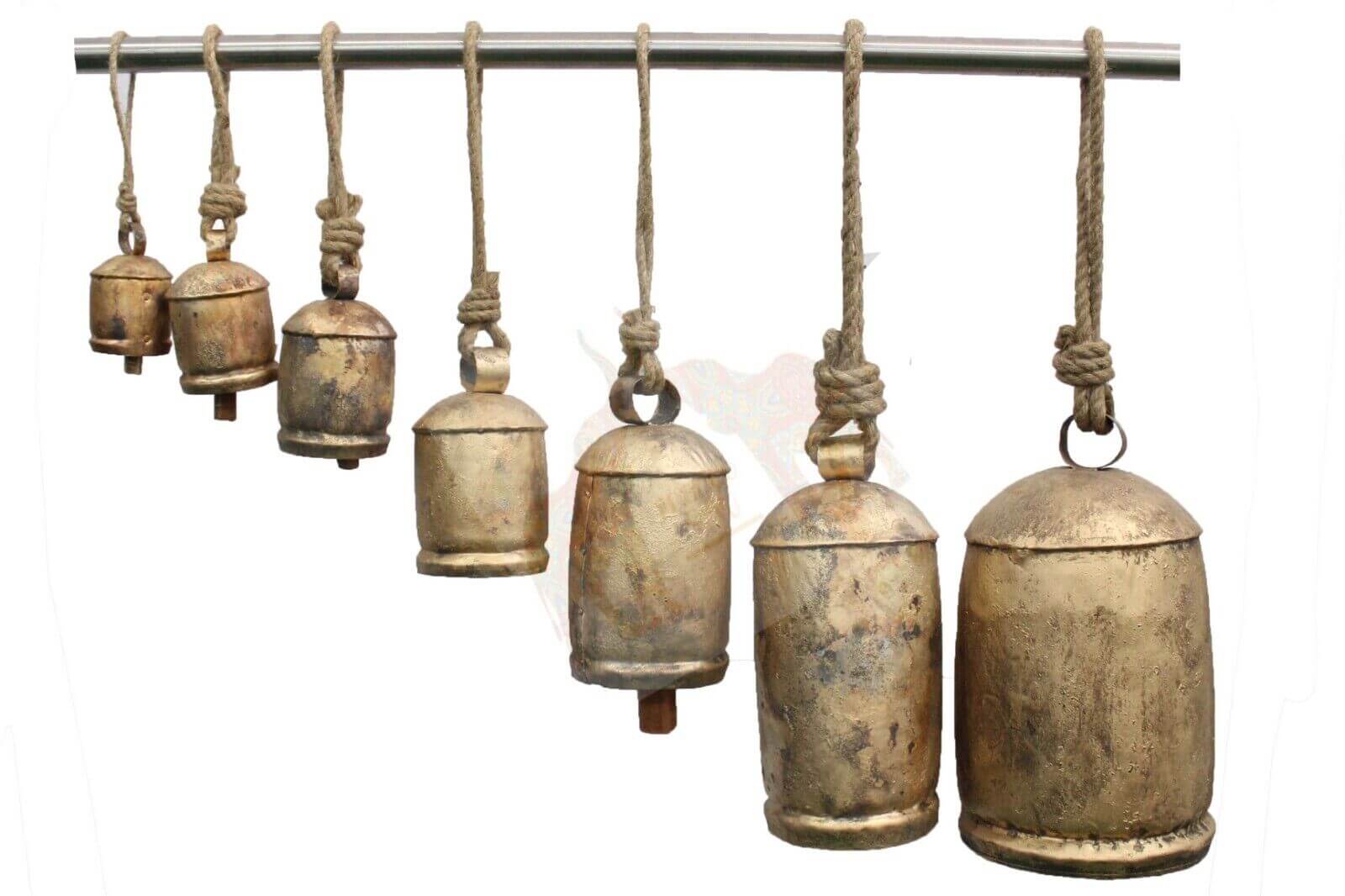Enhance your space with these handcrafted antique finish cow bells. Perfect for garden decor, eco-friendly, and durable.