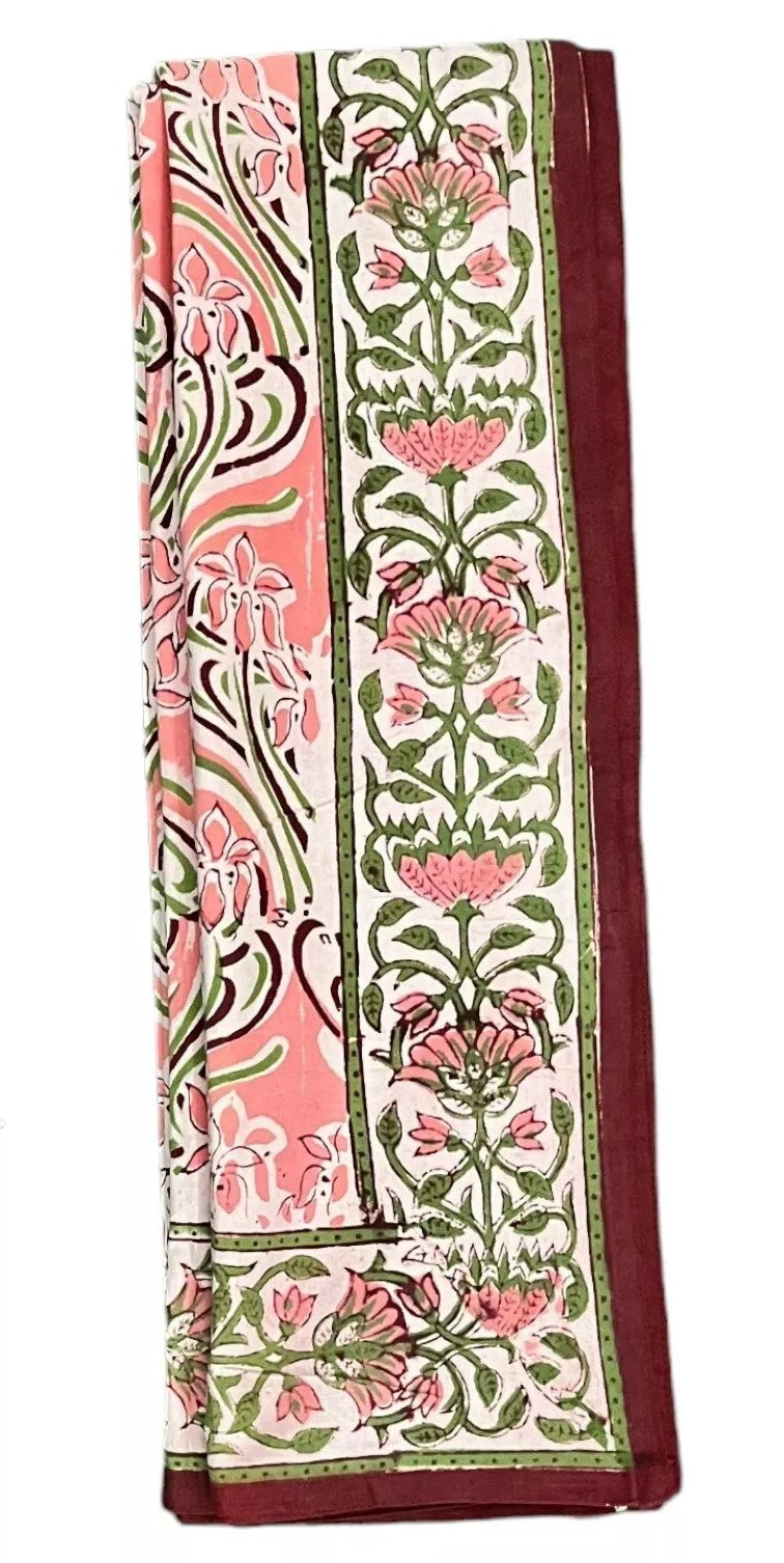 Colorful hand block print tablecloth showcasing floral design, perfect for holiday and everyday use, 60x90 inches.