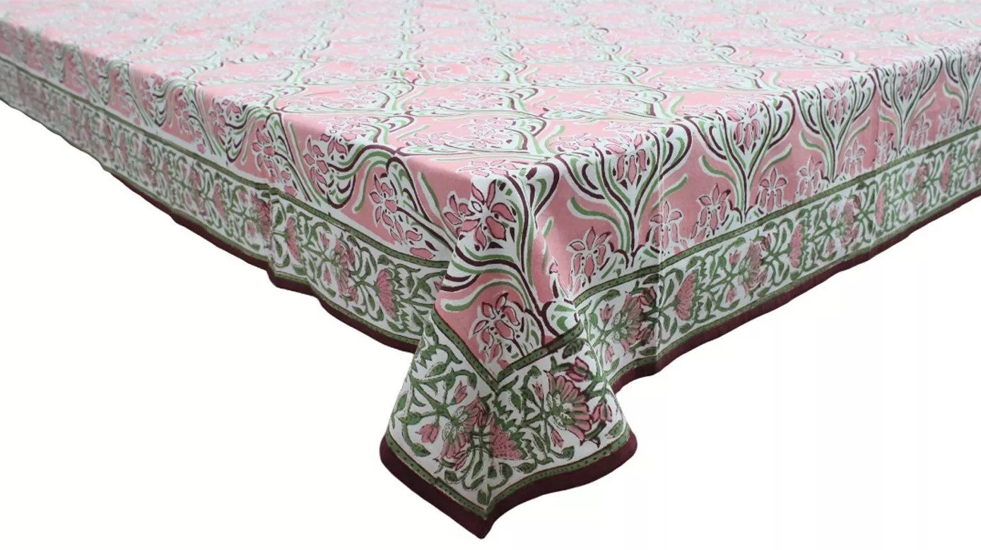 Hand Block Print India Table Cloth in floral design, 60x90 inches, perfect for holidays and dining decor.