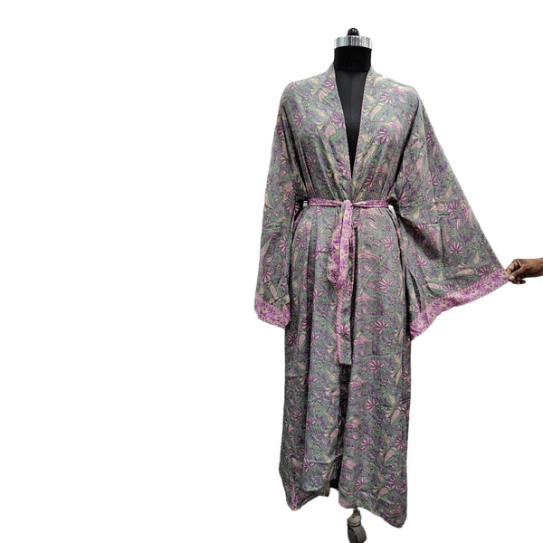 Vintage Silk Sari Women Fashion Kimono Long Dress Kaftan Cover Up Dress Gown Casual Wear