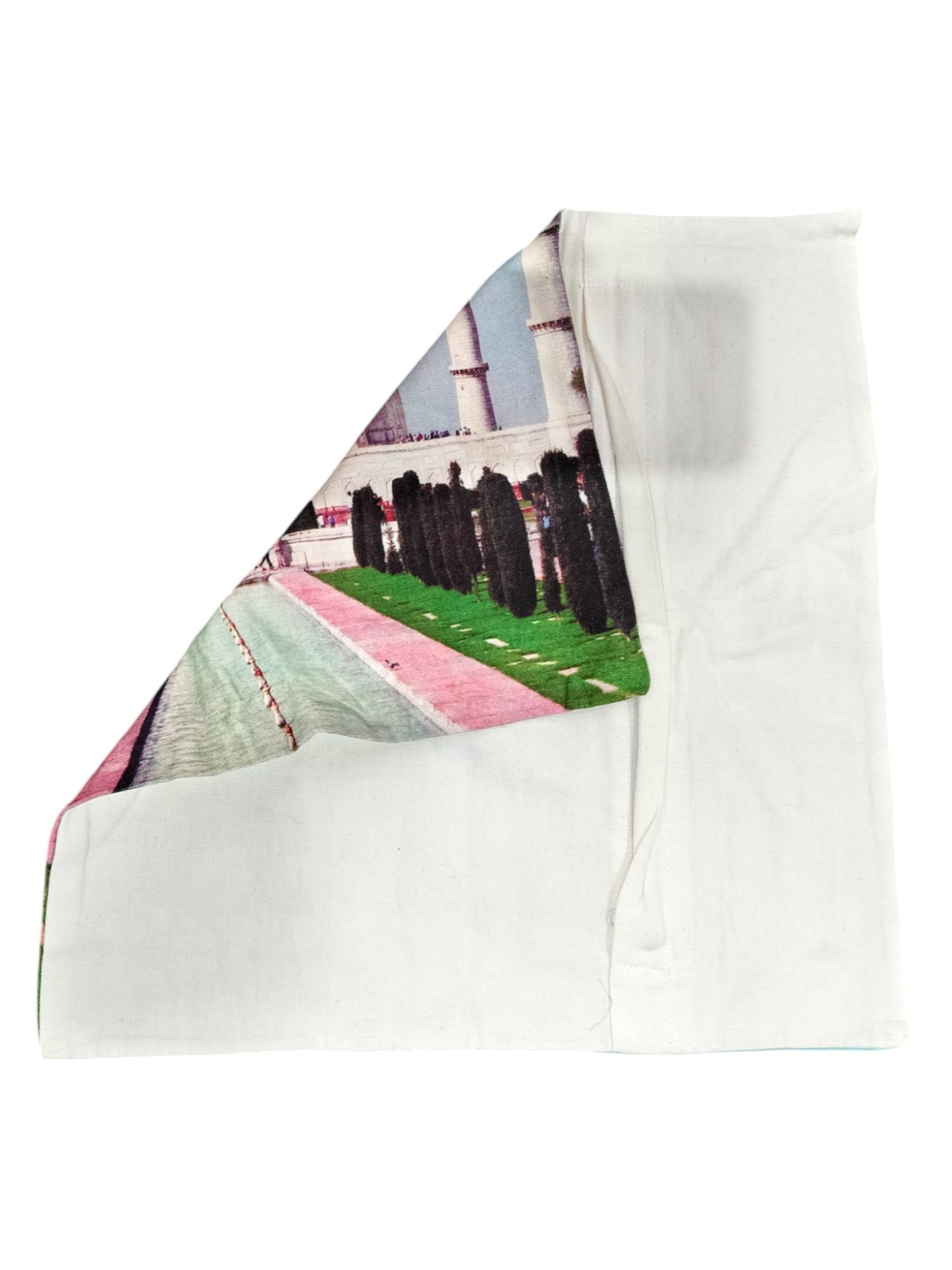 16x16 multi-color cushion cover featuring a majestic Taj Mahal digital print, perfect for sofa and living room decor.