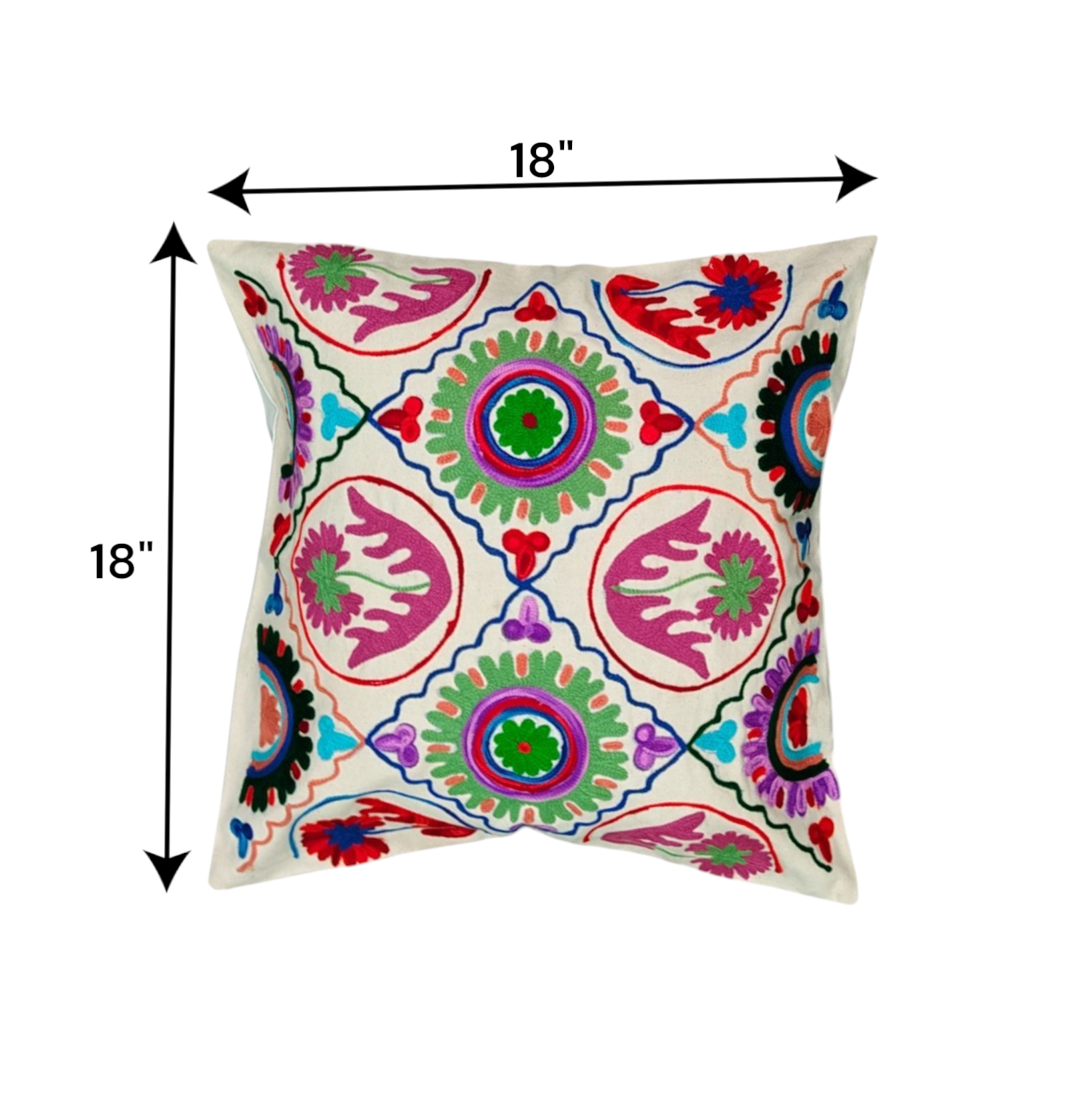 Multicolor ethnic Suzani pattern cushion cover, 18x18 inches, perfect for decorative pillows in living spaces.