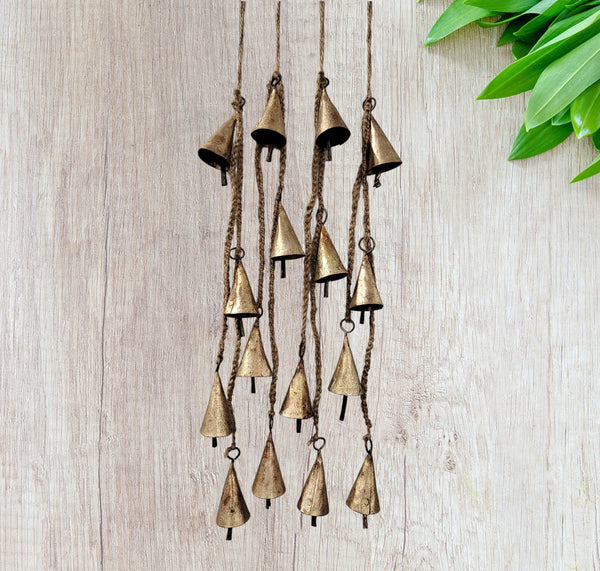 Mango Gifts Rustic Iron 4 Vintage Cone Shape Bells Hanging Windchime with Rope Relaxing Tranquil Wind Chimes 48 cm Length Lot 10 Pieces