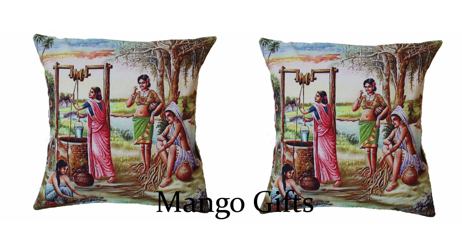 Handmade multicolor pillow covers featuring vibrant rural Indian scene, perfect for decorative home accents.