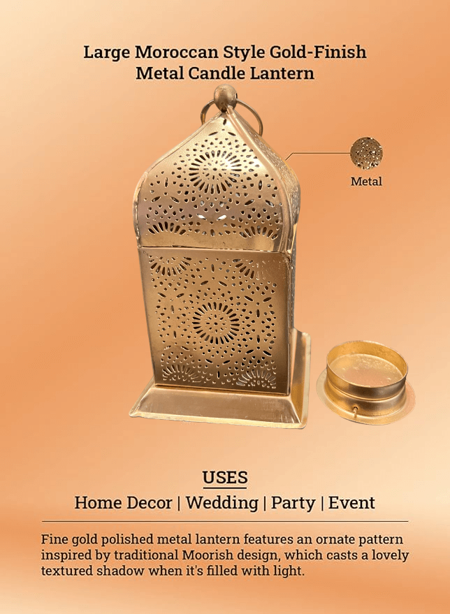 Vintage Tea Light Candle Holder Moroccan Lamp, large gold-finish metal lantern with intricate design for home decor and events.
