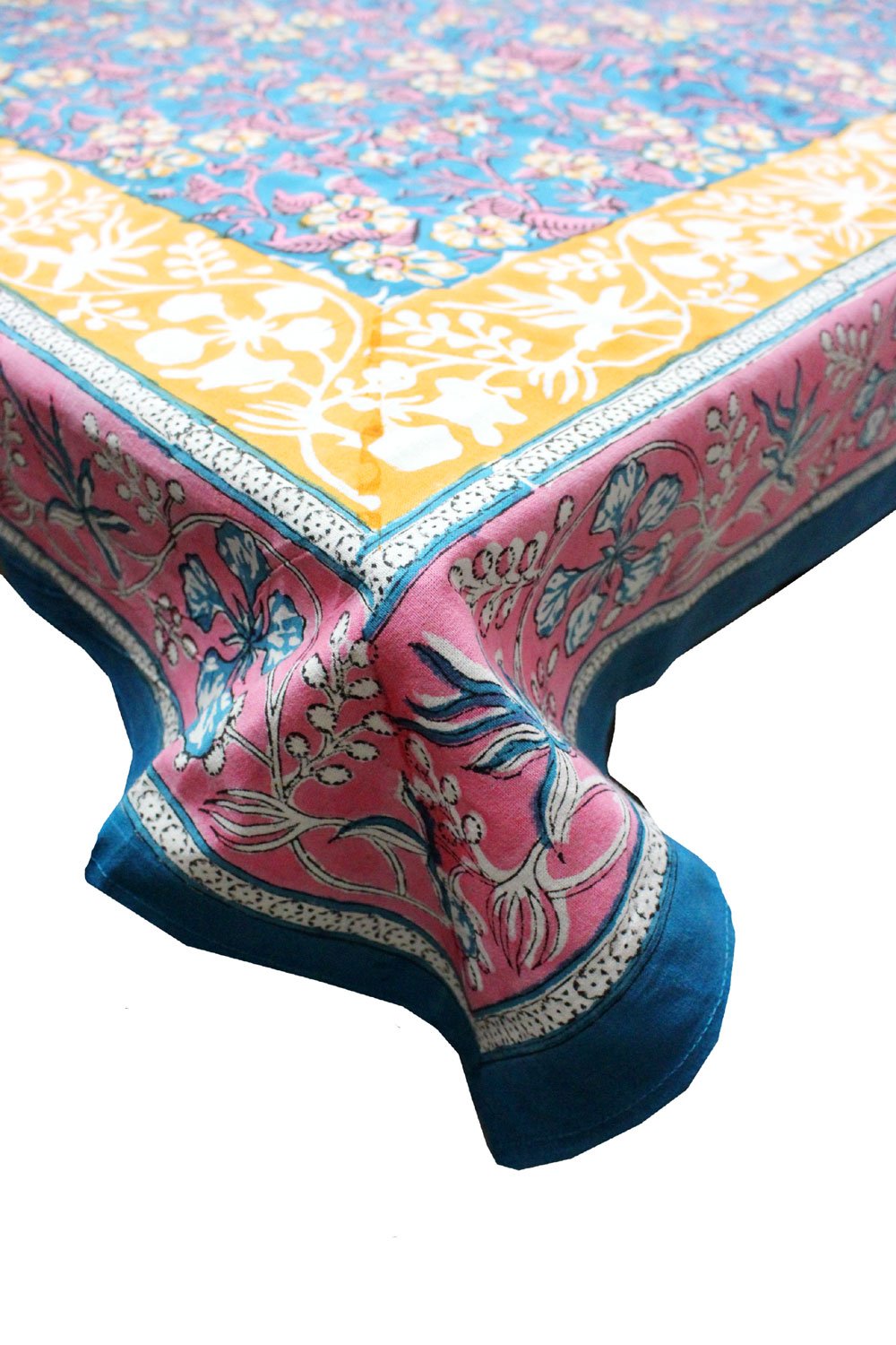 Vibrant multi-color floral hand block print tablecloth in blue, pink, and yellow, perfect for dining and boho decor.