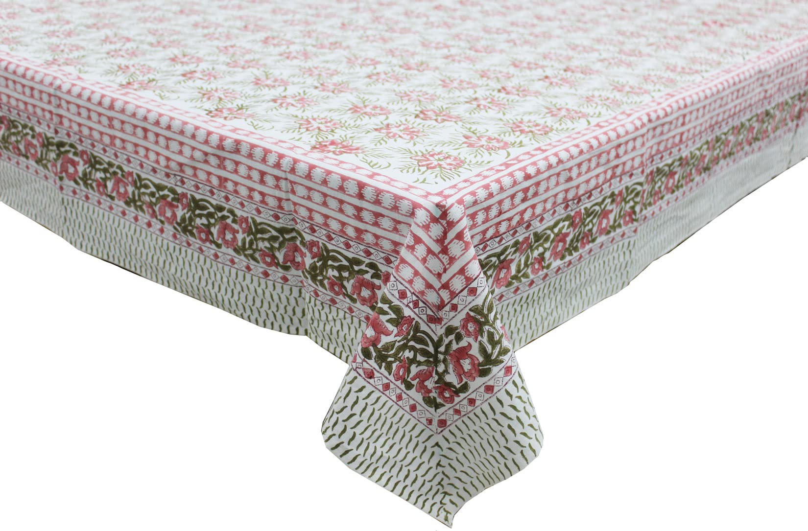Pink floral hand block print tablecloth, 100% cotton, perfect for dining, parties, and seasonal decor, 60x90 inches.