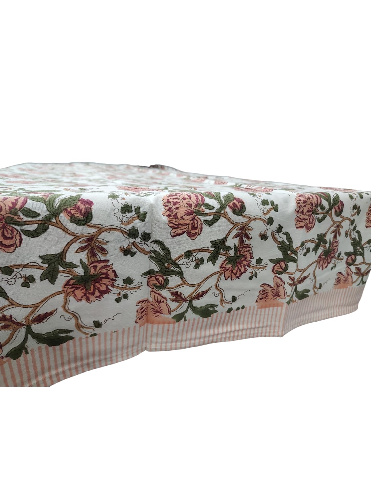 White floral hand block print tablecloth displaying vibrant colors, perfect for dining and seasonal decor.