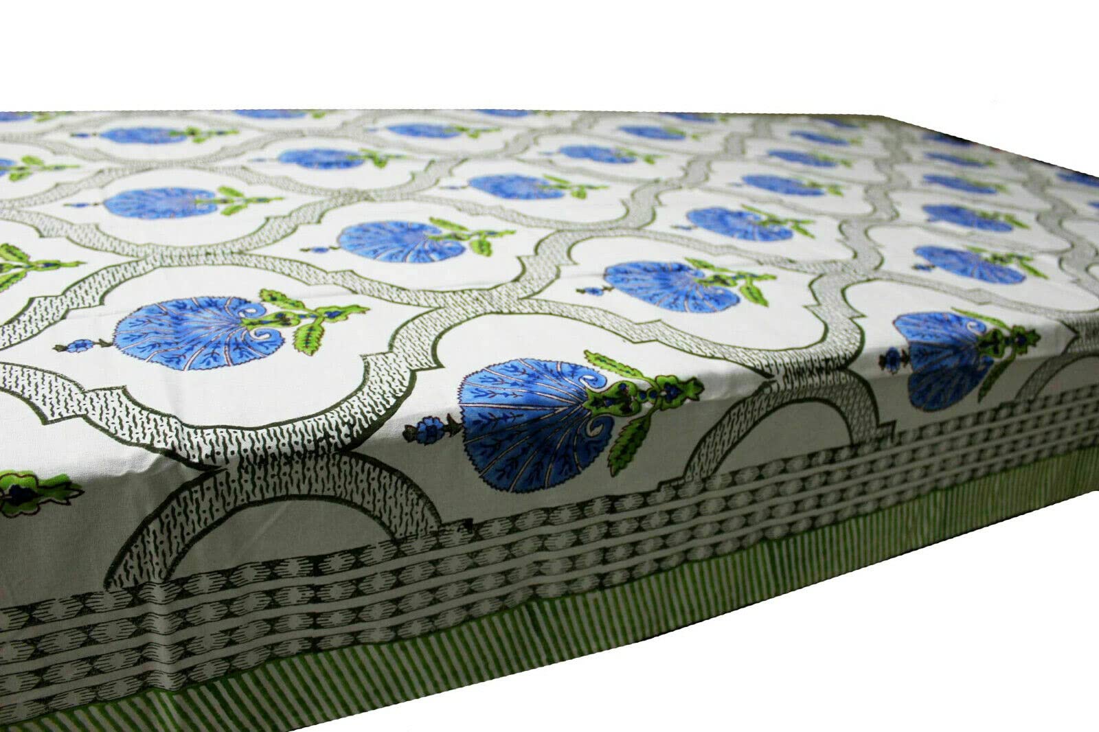 Boho white floral hand block print tablecloth in blue and white, perfect for dining, parties, and seasonal decor.