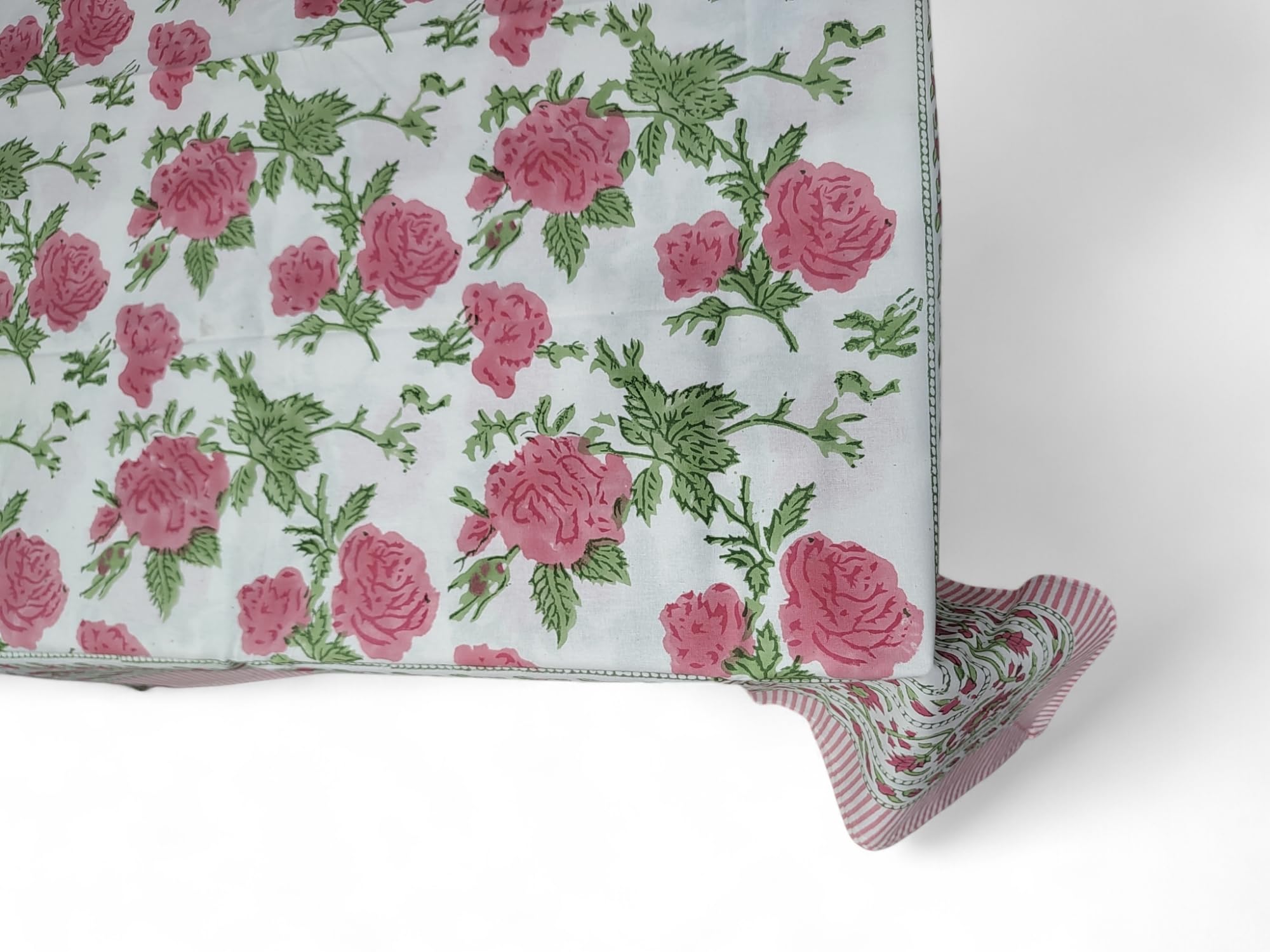 Hand block print pink floral tablecloth cover 100% cotton, perfect for spring, summer, weddings, and parties, rectangular 150x220cm.