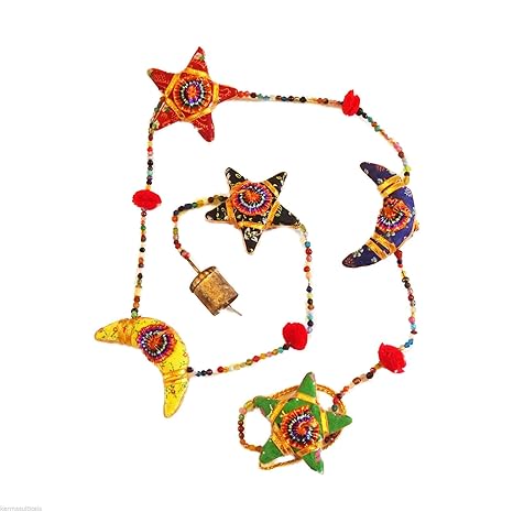 Handmade Star and Moon Indian Door Hanging Mobile - 120cm Height, Multicolor Beautiful Home Decor Ornaments for Doors, Walls and Windows, Boho Theme Home Decoration