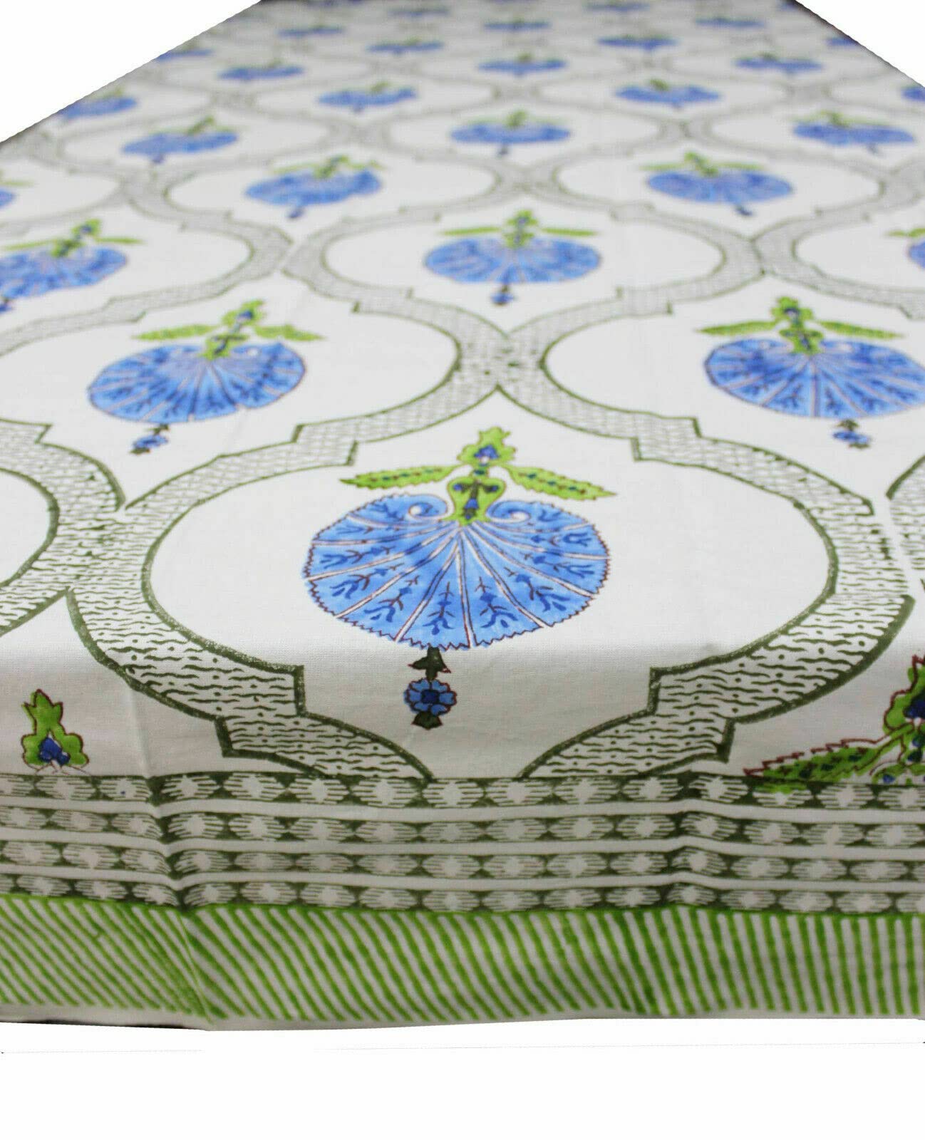 Boho white floral hand block print tablecloth, elegant blue design on 100% cotton, perfect for dining and celebrations.