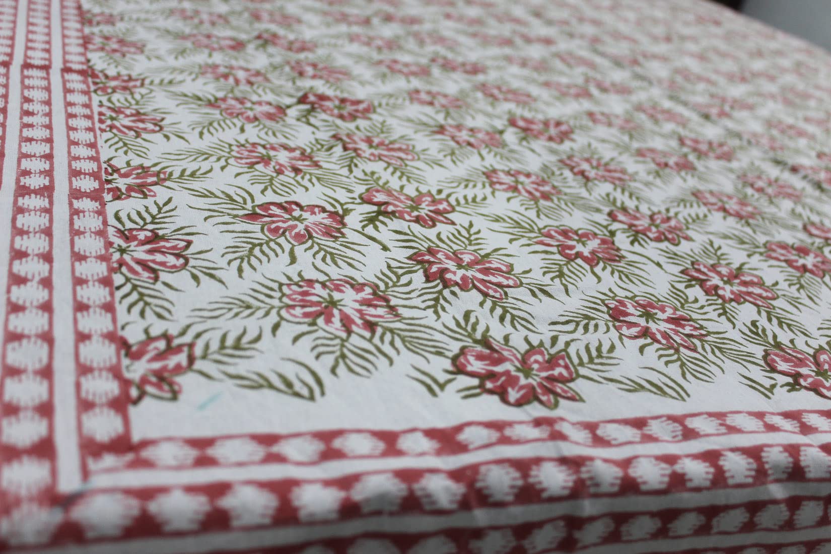 Pink floral hand block print tablecloth, 100% cotton, perfect for dining, weddings, and vibrant spring decor.