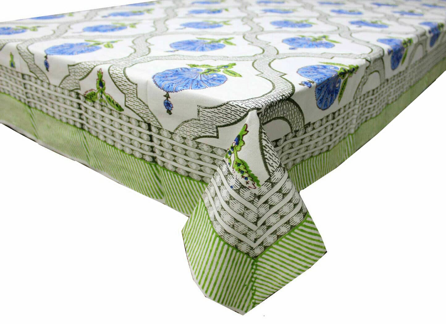 Elegant Boho floral hand block print tablecloth in blue and white, perfect for dining, parties, and seasonal decor.