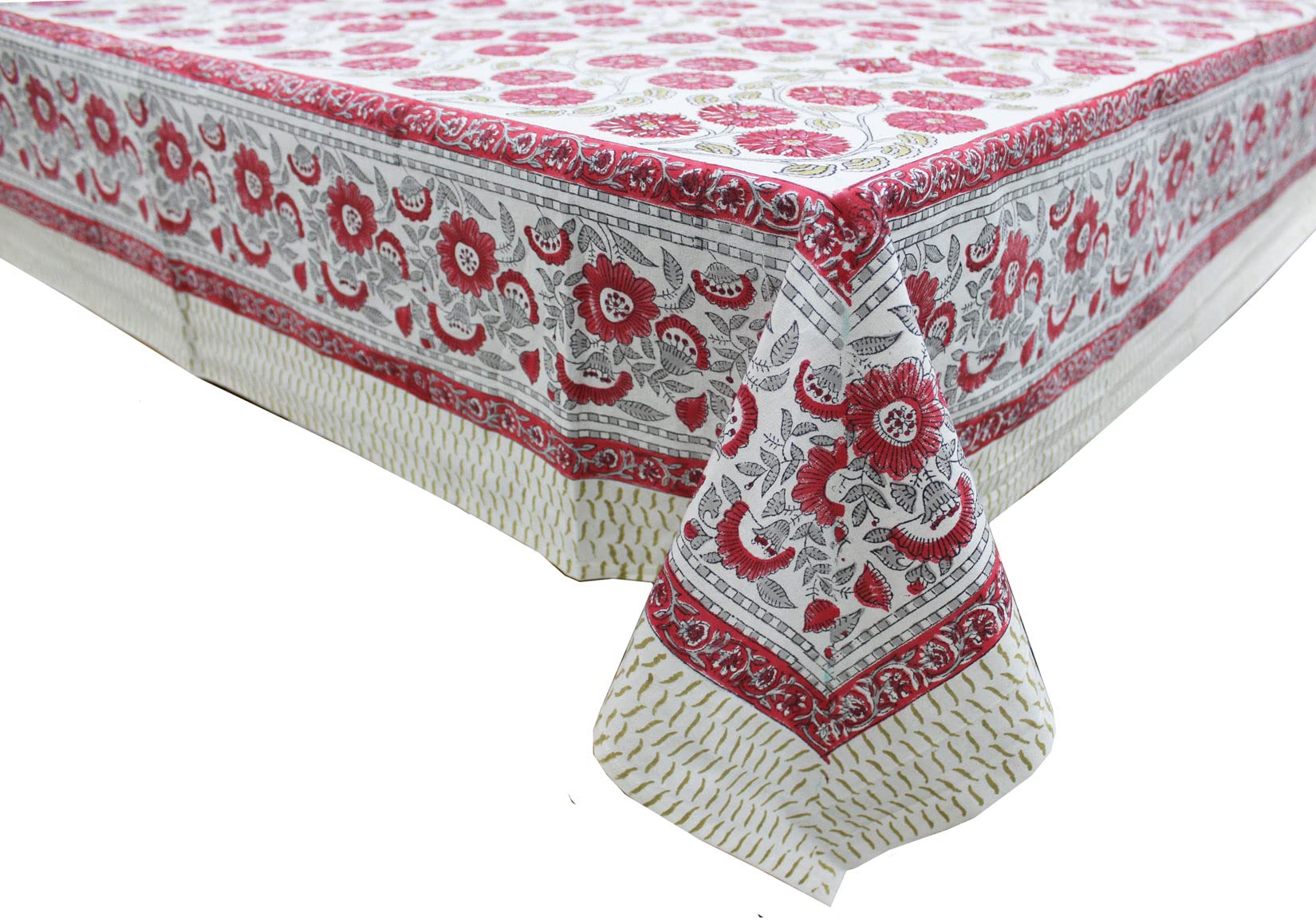 Red & white floral hand block print tablecloth, 100% cotton, perfect for dining, parties, and holiday decor.