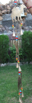 Camel bells wall hanging wind chime with colorful glass beads, 84 cm outdoor garden ornament, handmade in India.