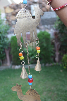 Camel bells wind chime made of metal with colorful beads, ideal for outdoor garden decoration.