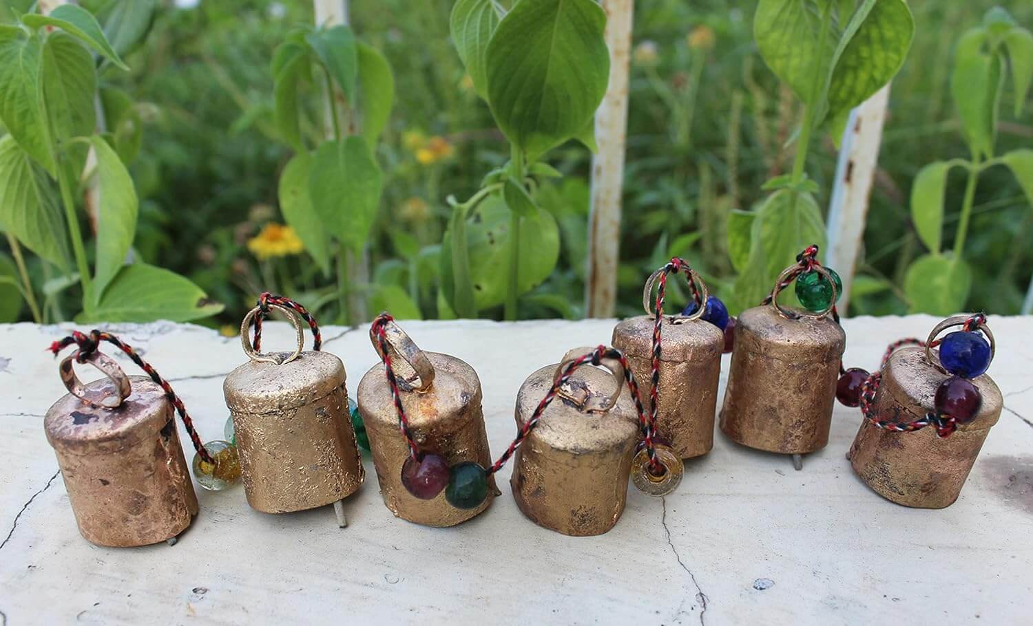 Metal Wall Hanging Bells vintage Indian style set of 10 with decorative beads and golden finish.