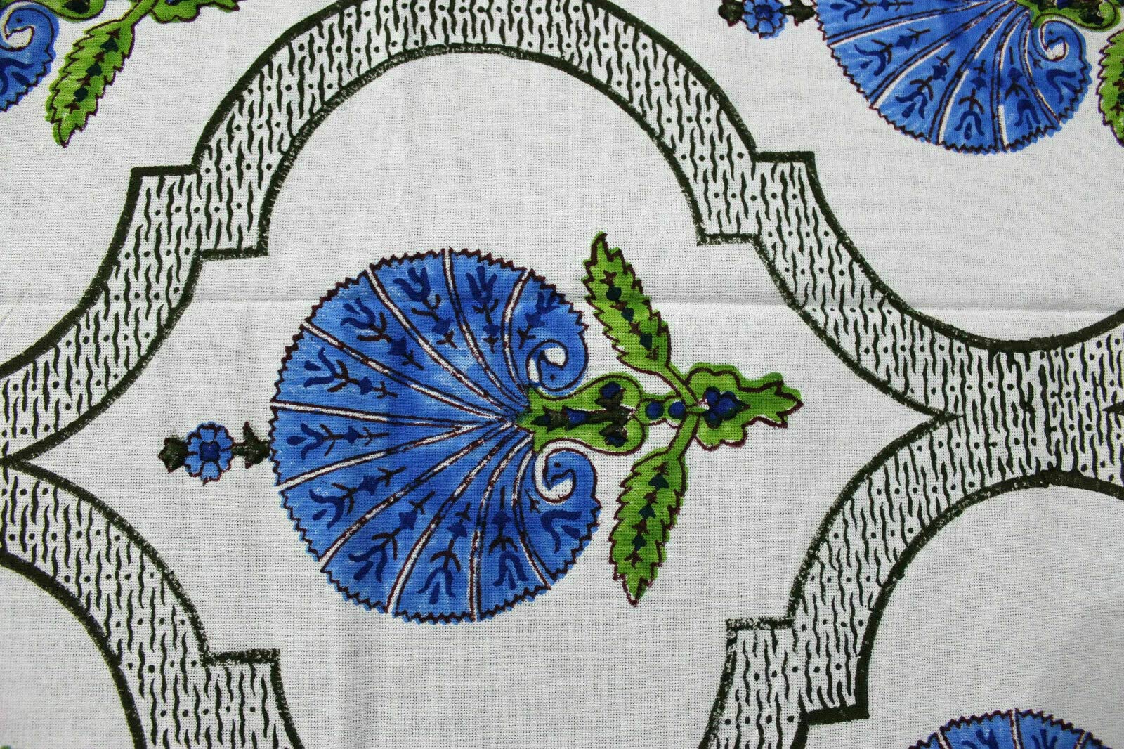 Boho white floral hand block print tablecloth featuring intricate blue and green patterns on durable cotton.