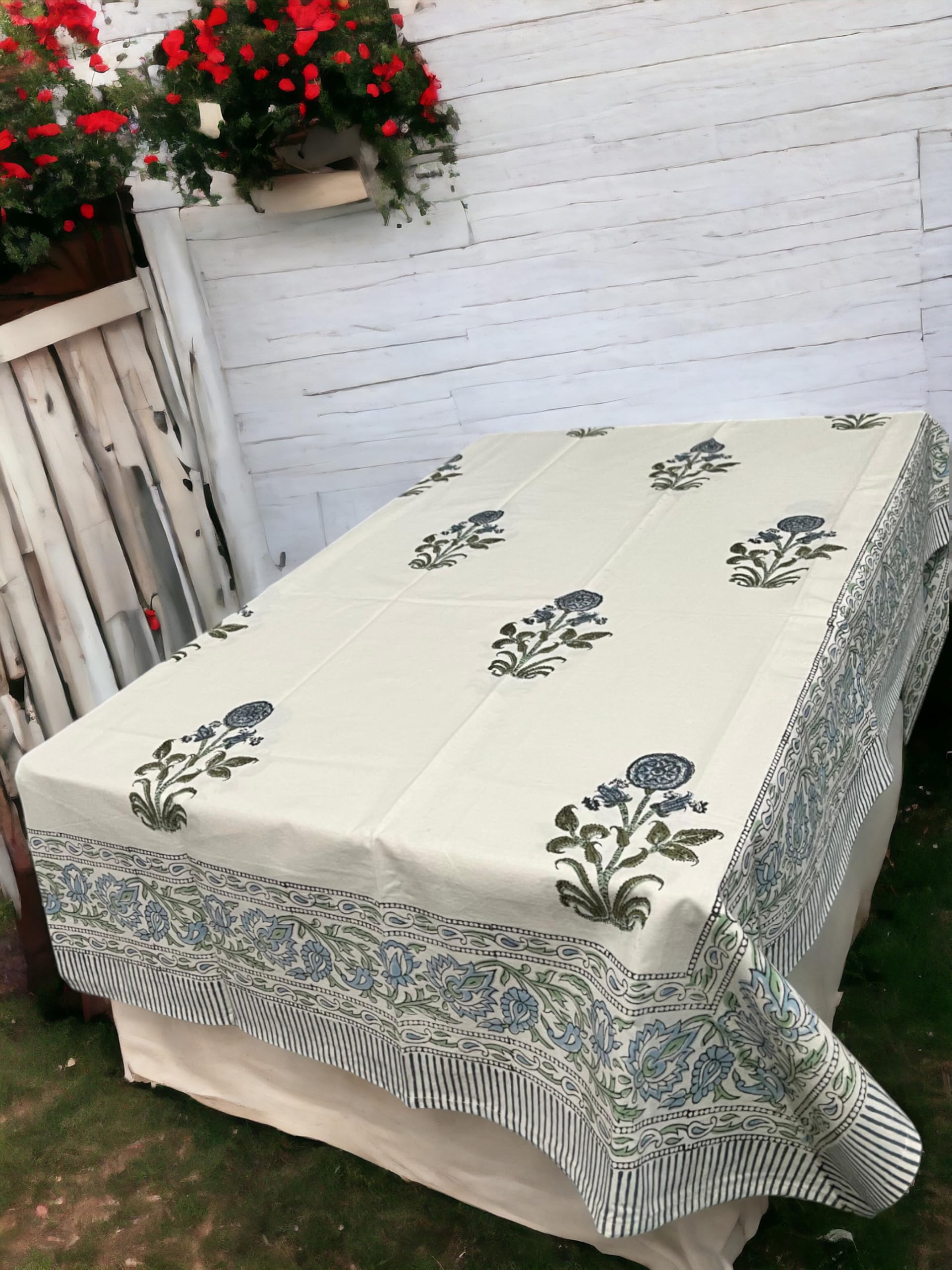 Bohemian floral hand block print tablecloth on a dining table, perfect for home decor, parties, and weddings.