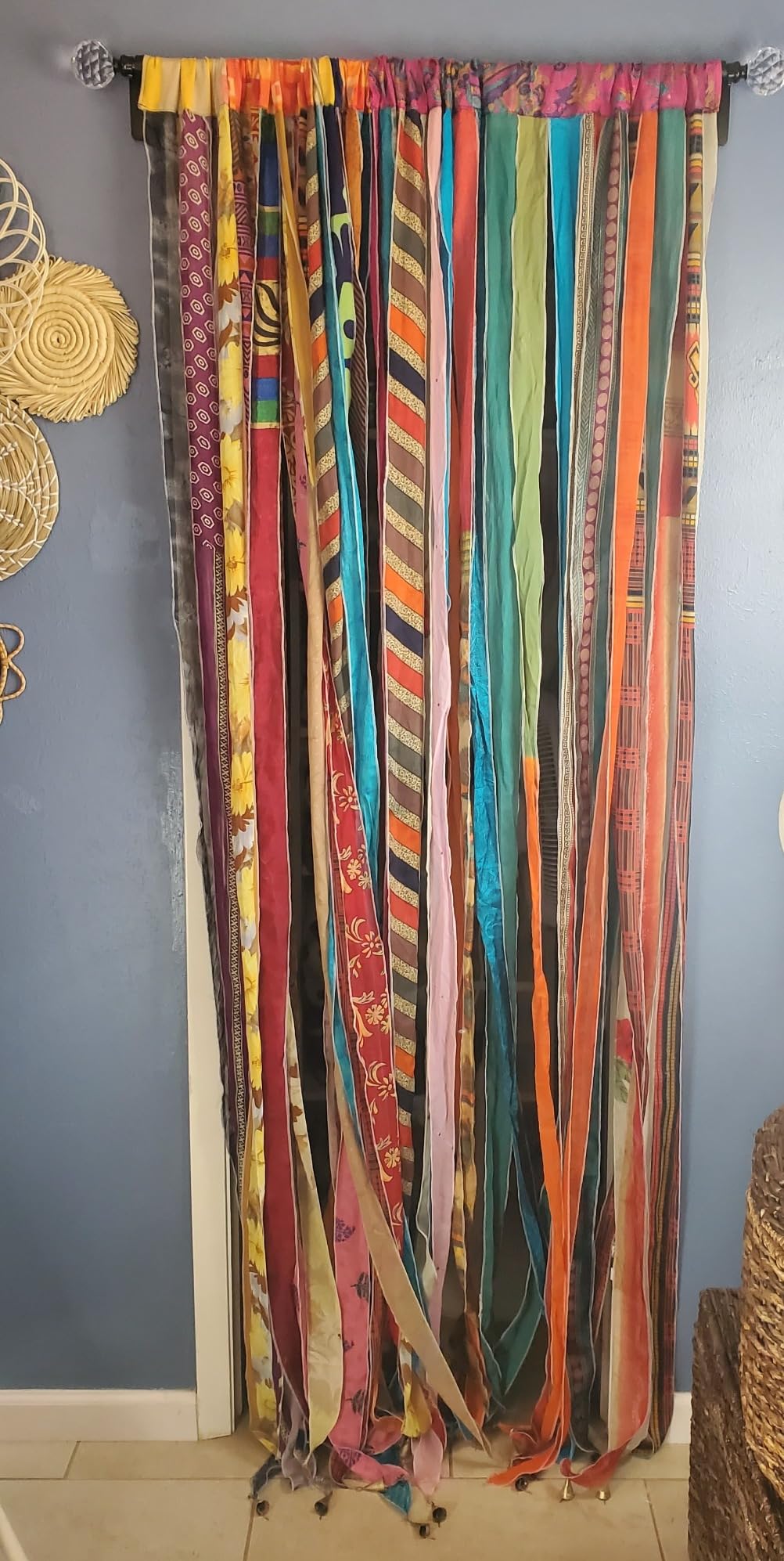 Old Silk Sari Multicolor Ribbon Doorway Curtain Hippie Bohemian Room Divider Light-Filtering Boho Curtains Rod Pocket Window Drape for Livingroom Bedroom 85 x 45 Inch