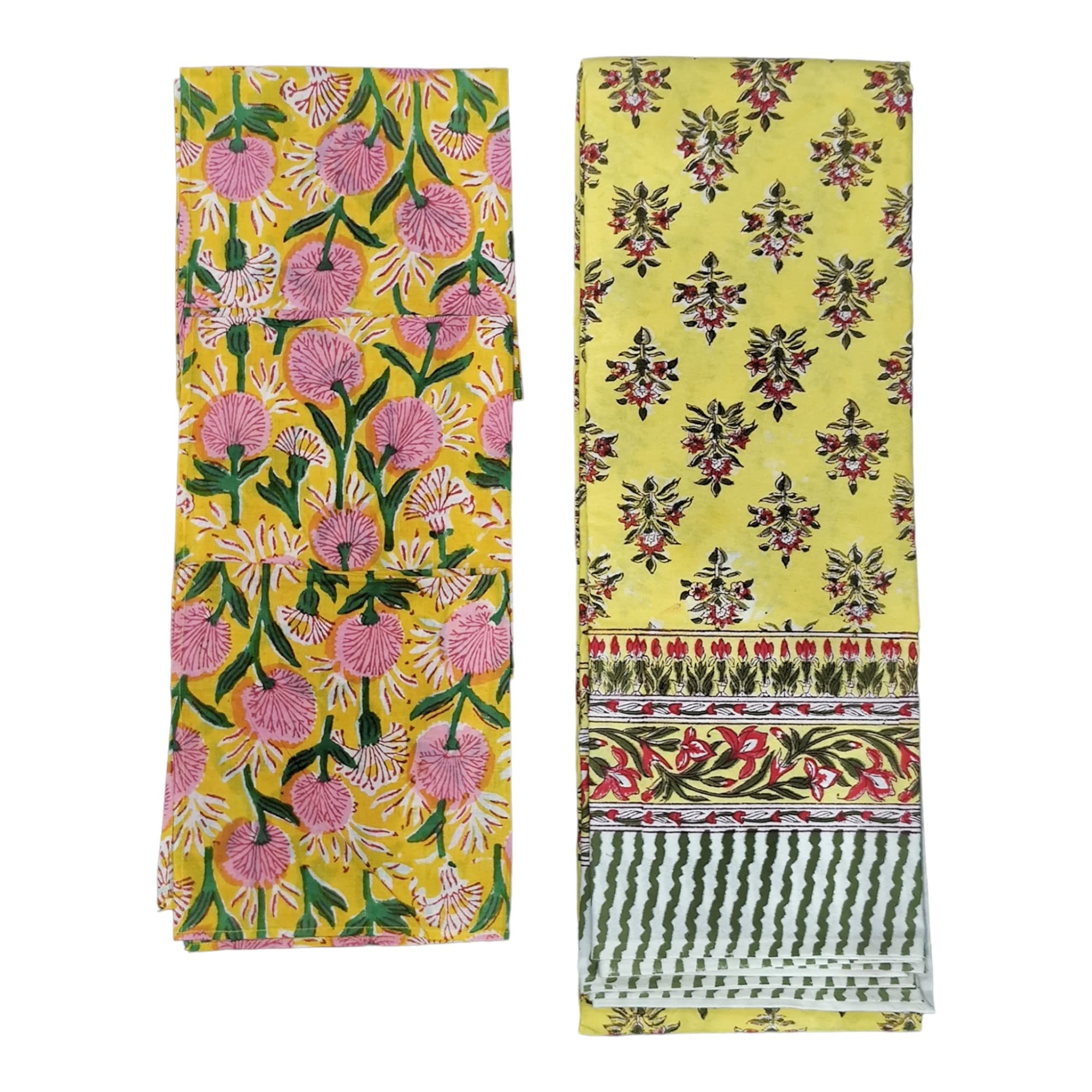 Vibrant yellow table runner with floral block print, ideal for elegant dining settings and festive occasions.
