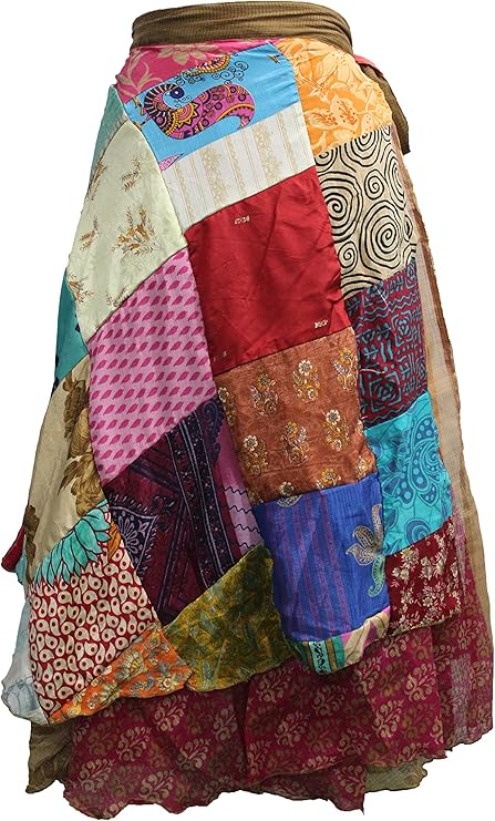 Vintage Silk Sari Recycled Patchwork Magic Wrap Around Skirt Reversible Dress