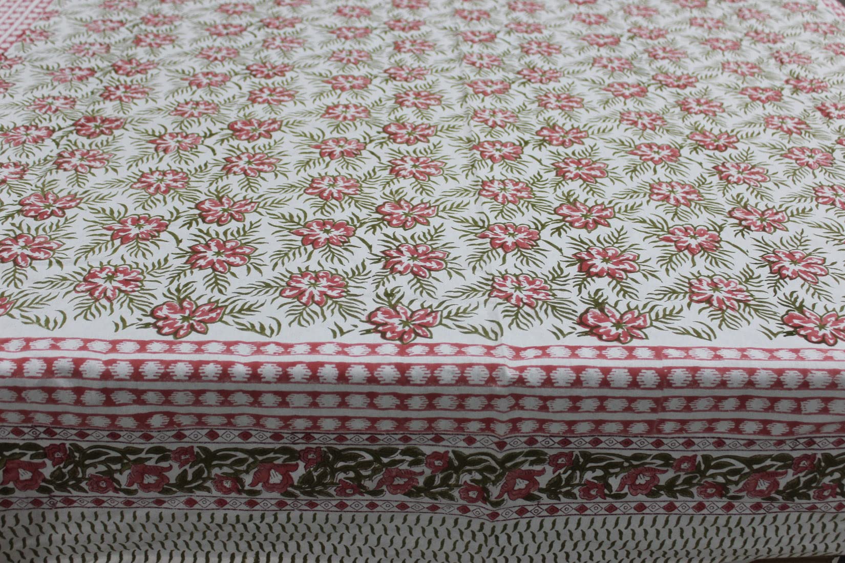 Pink floral hand block print tablecloth, 100% cotton, perfect for spring and summer dining decor.