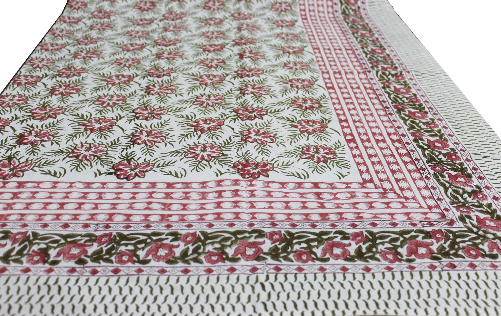 Pink floral hand block print tablecloth, 100% cotton, ideal for dining and festive occasions, 60x90 inches.