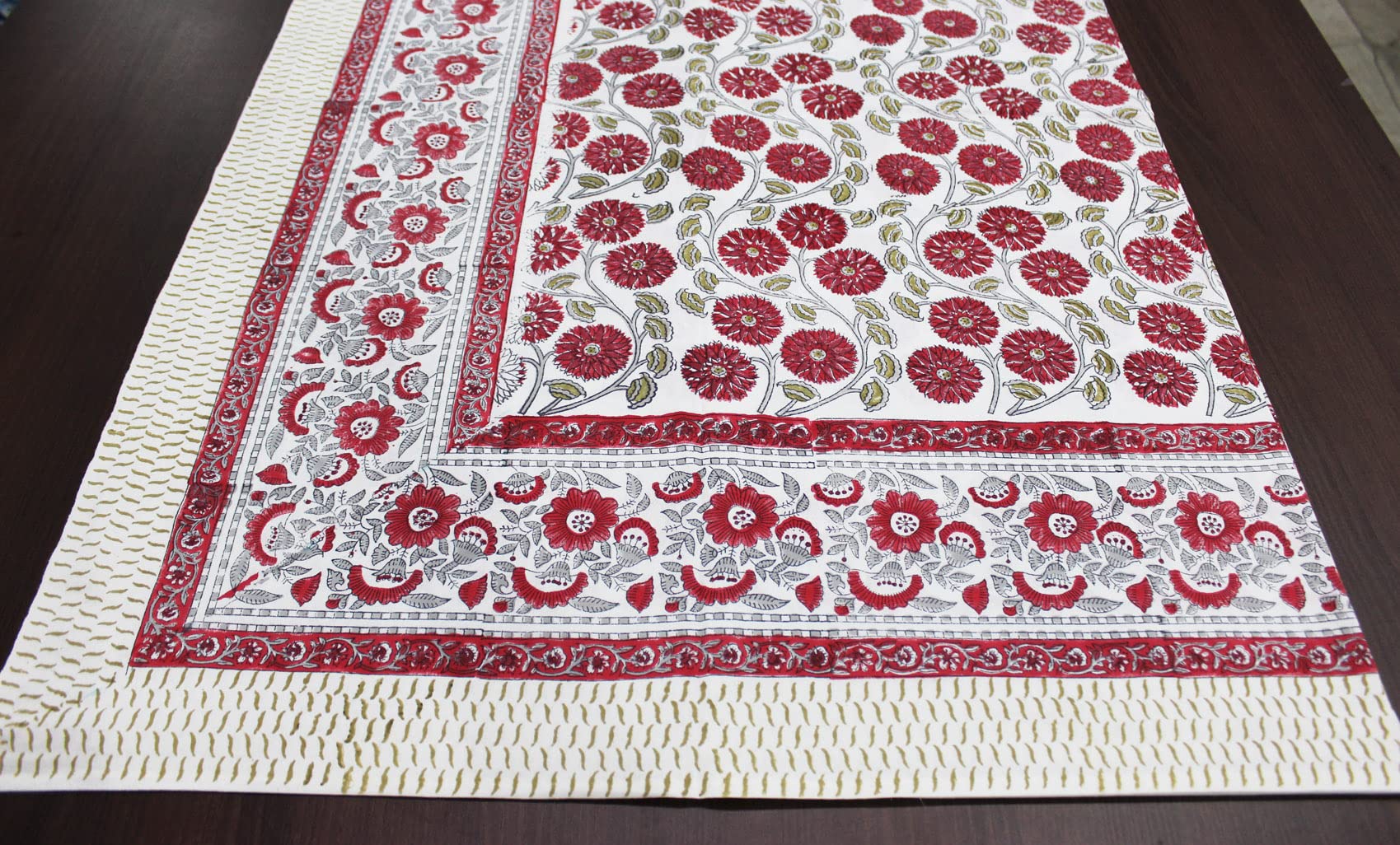 Red and white floral hand block print tablecloth, perfect for dining, parties, and festive decor. Measures 150x220 inches.