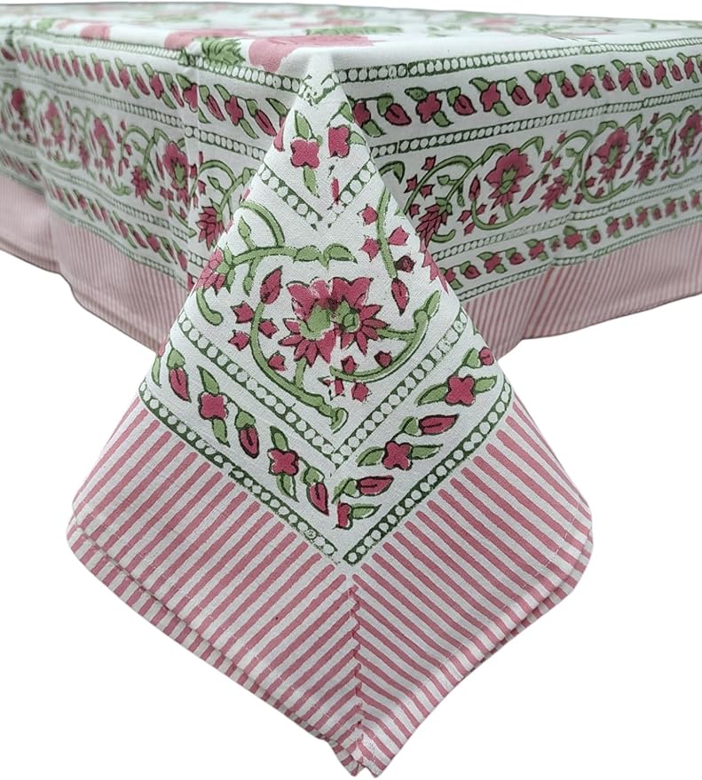 Hand block print tablecloth in pink floral design, 100% cotton, perfect for dining tables, parties, and elegant spring decor.