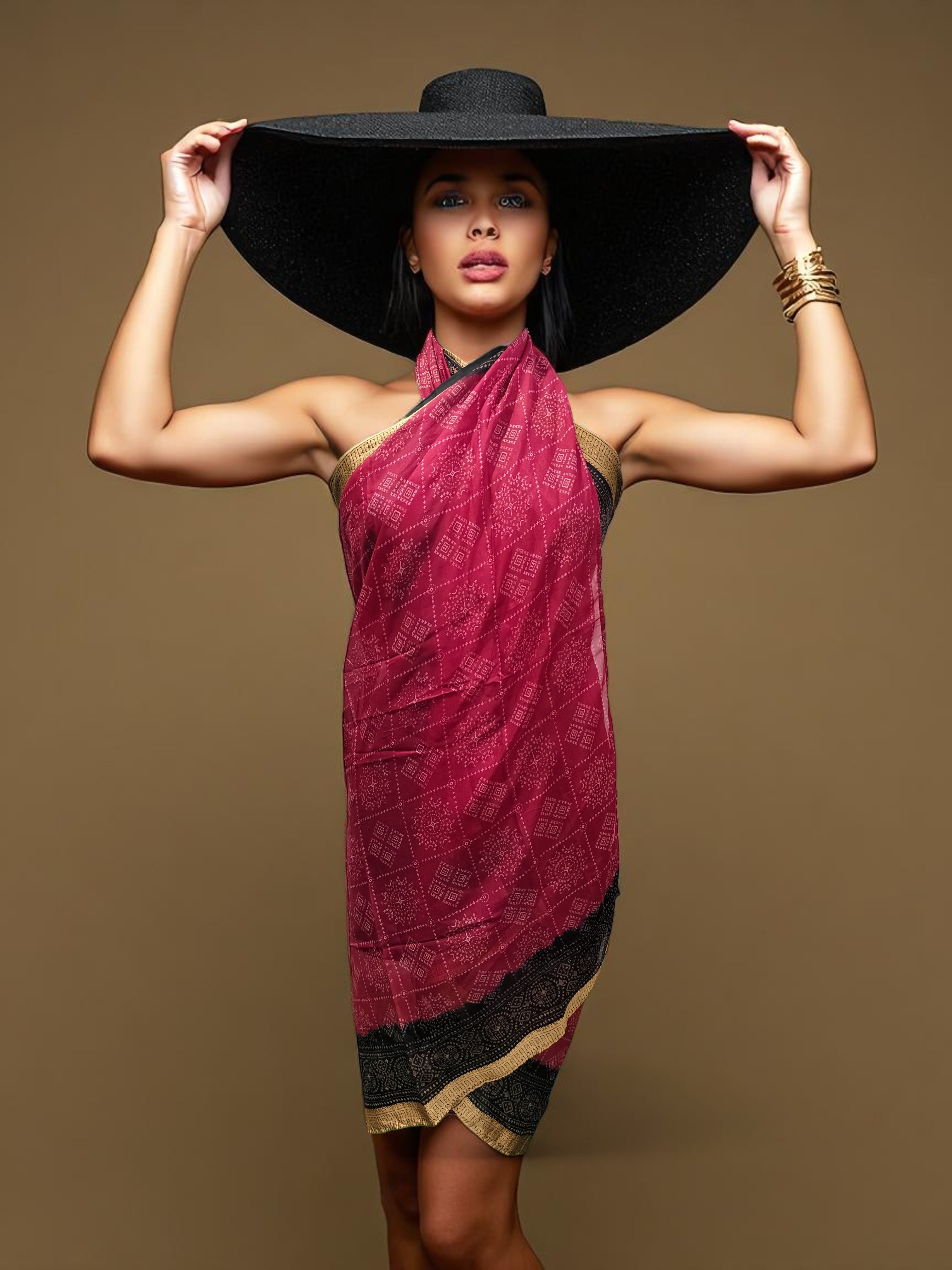 Sarong Pareo Block Print Beach Cover Up Wrap – silk sarong Swimsuit Cover Up, Bikini Wrap, Pool & Beach Wear (72” x 45”) – Wholesale Lot, Assorted Designs worn by a model.