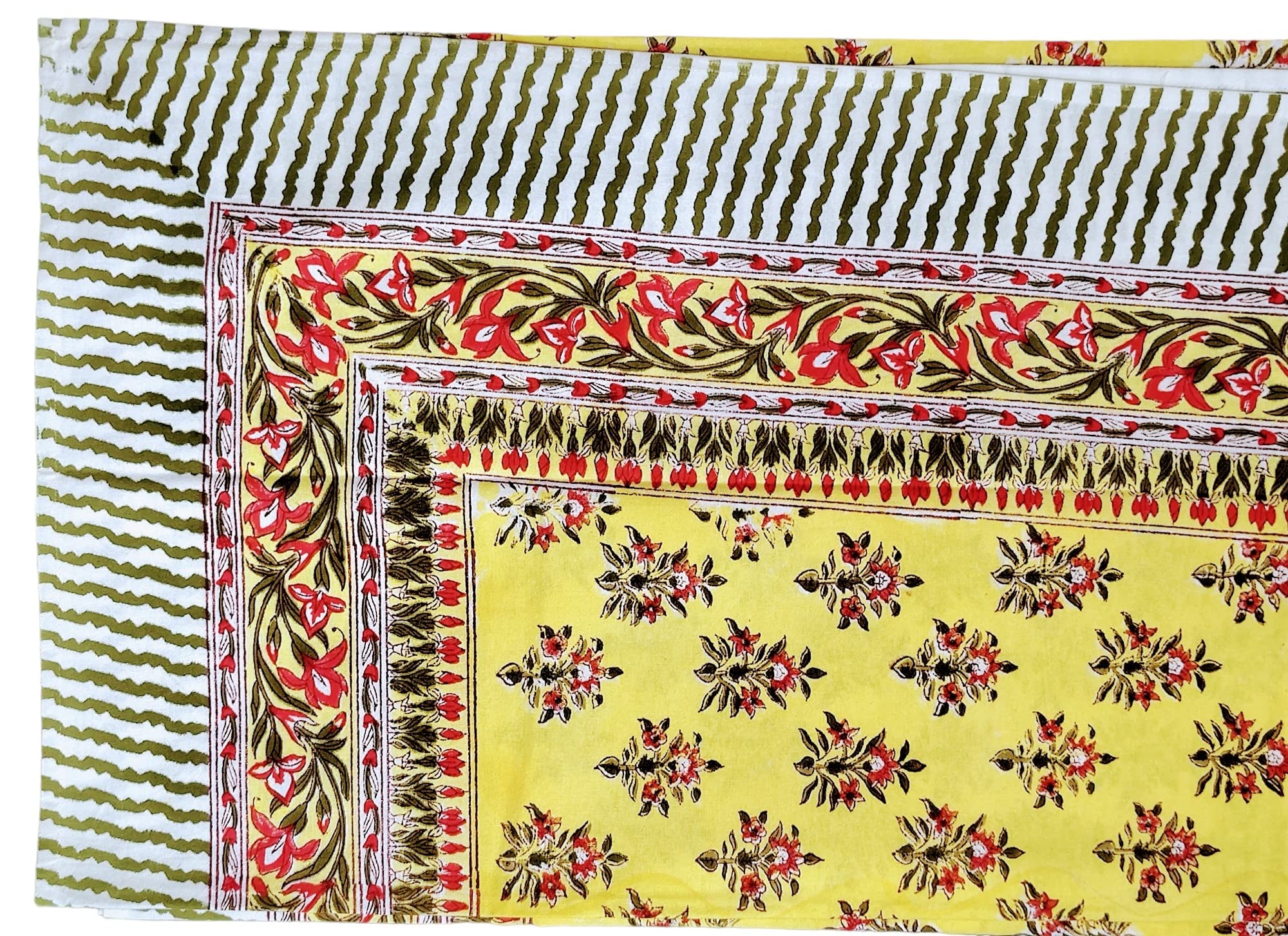 Colorful hand block printed yellow floral tablecloth showcasing intricate designs and patterns.