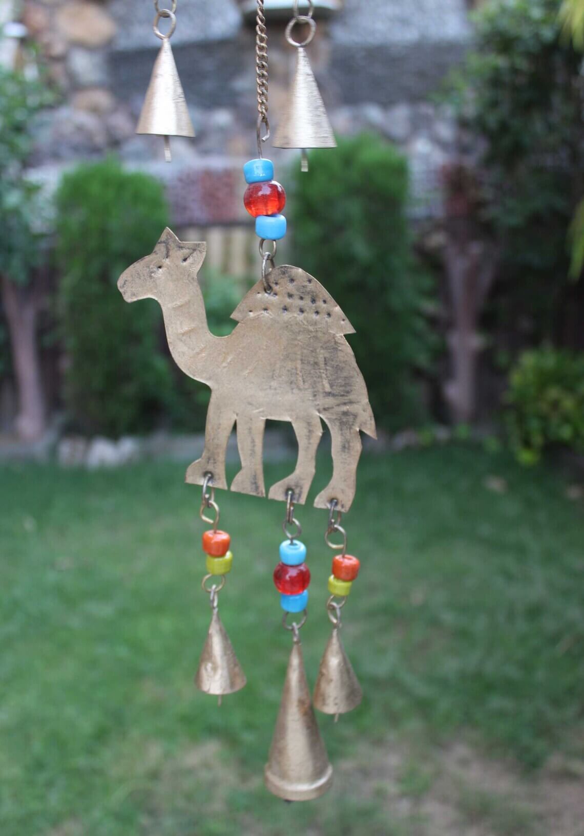Handmade camel bells wind chime with colorful beads, outdoor garden ornament, 84 cm length, antique gold finish.