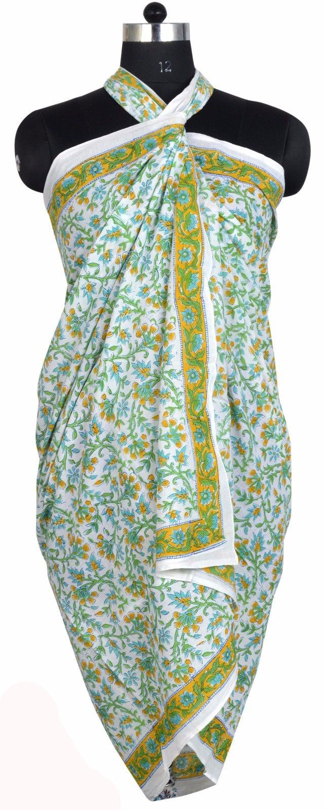 Hand Block Print India 100%Cotton Beach Wrap Dress Long Sarong Bikini Cover-Up Swimwear Pareo