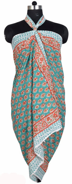 Hand Block Print India 100%Cotton Beach Wrap Dress Long Sarong Bikini Cover-Up Swimwear Pareo