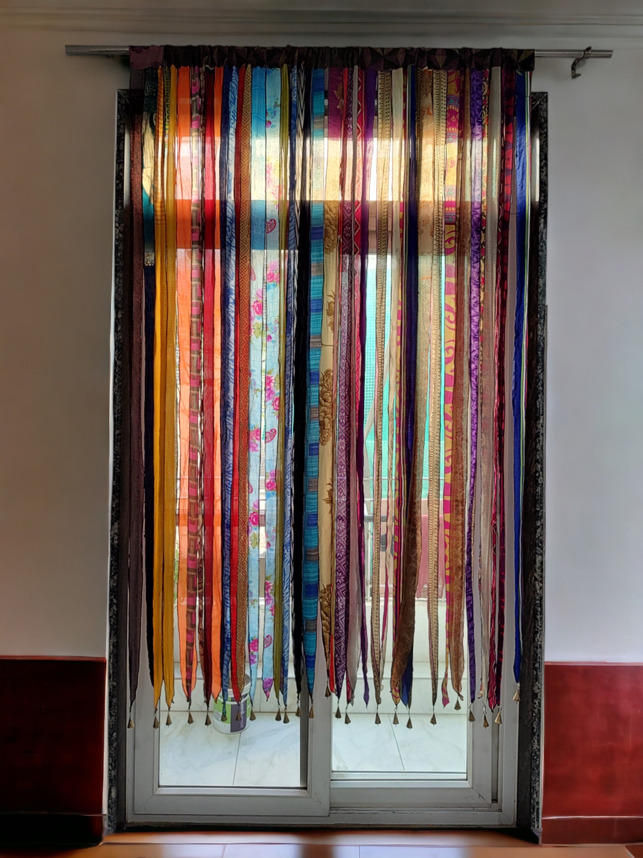 Old Silk Sari Multicolor Ribbon Doorway Curtain Hippie Bohemian Room Divider Light-Filtering Boho Curtains Rod Pocket Window Drape for Livingroom Bedroom 85 x 45 Inch