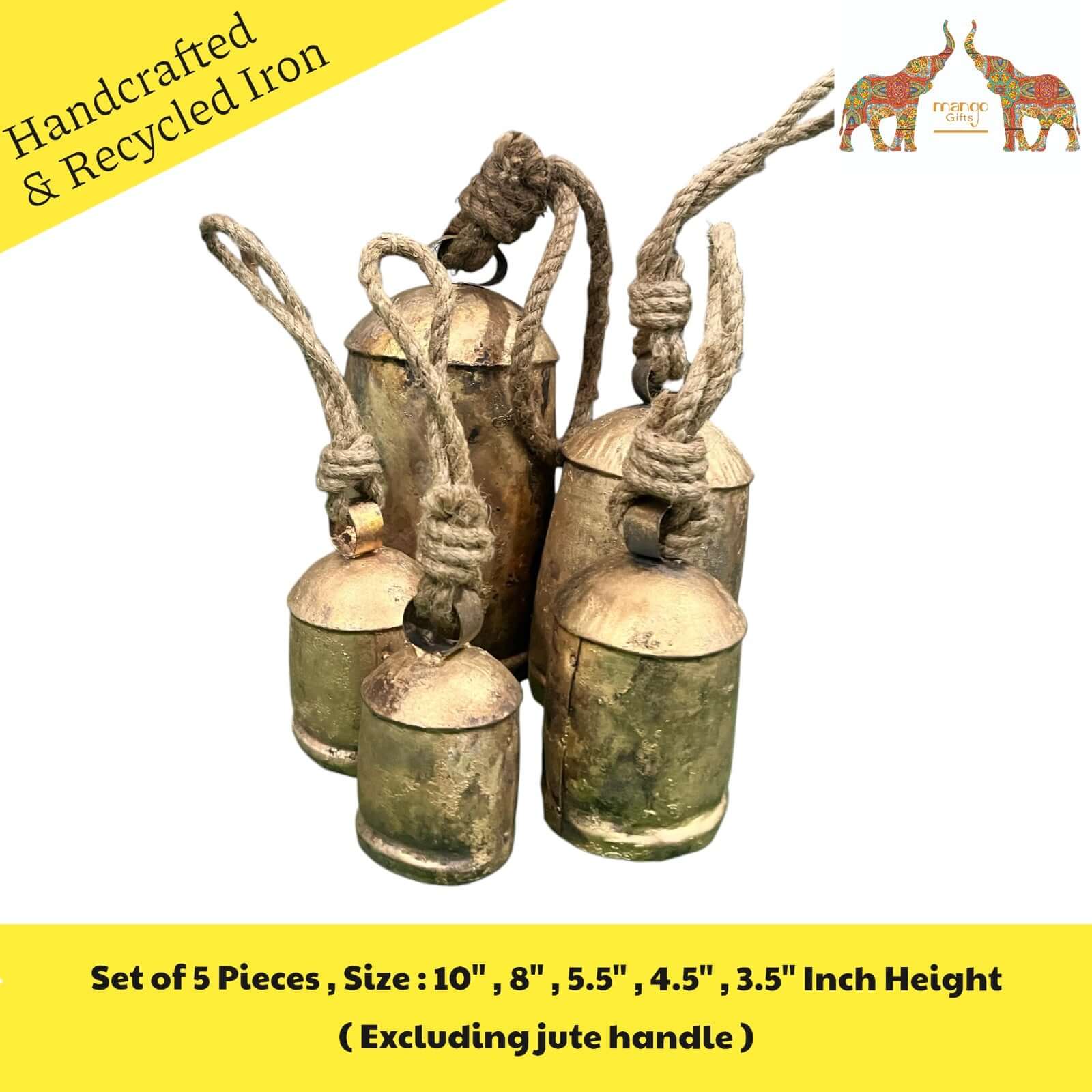 Set of 5 handcrafted rustic iron bells in antique gold, sizes 10", 8", 5.5", 4.5", 3.5", with jute handles.