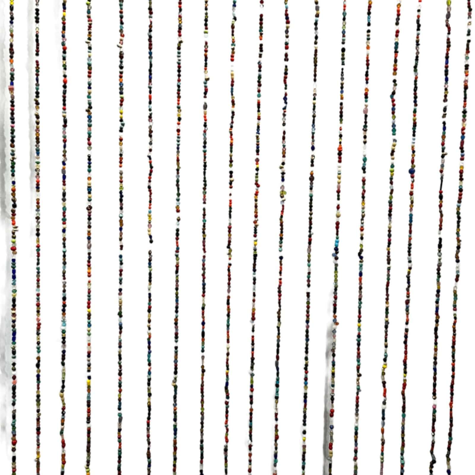 Colorful bohemian glass beaded curtain with bells, ideal for hippie doorways and boho decor.