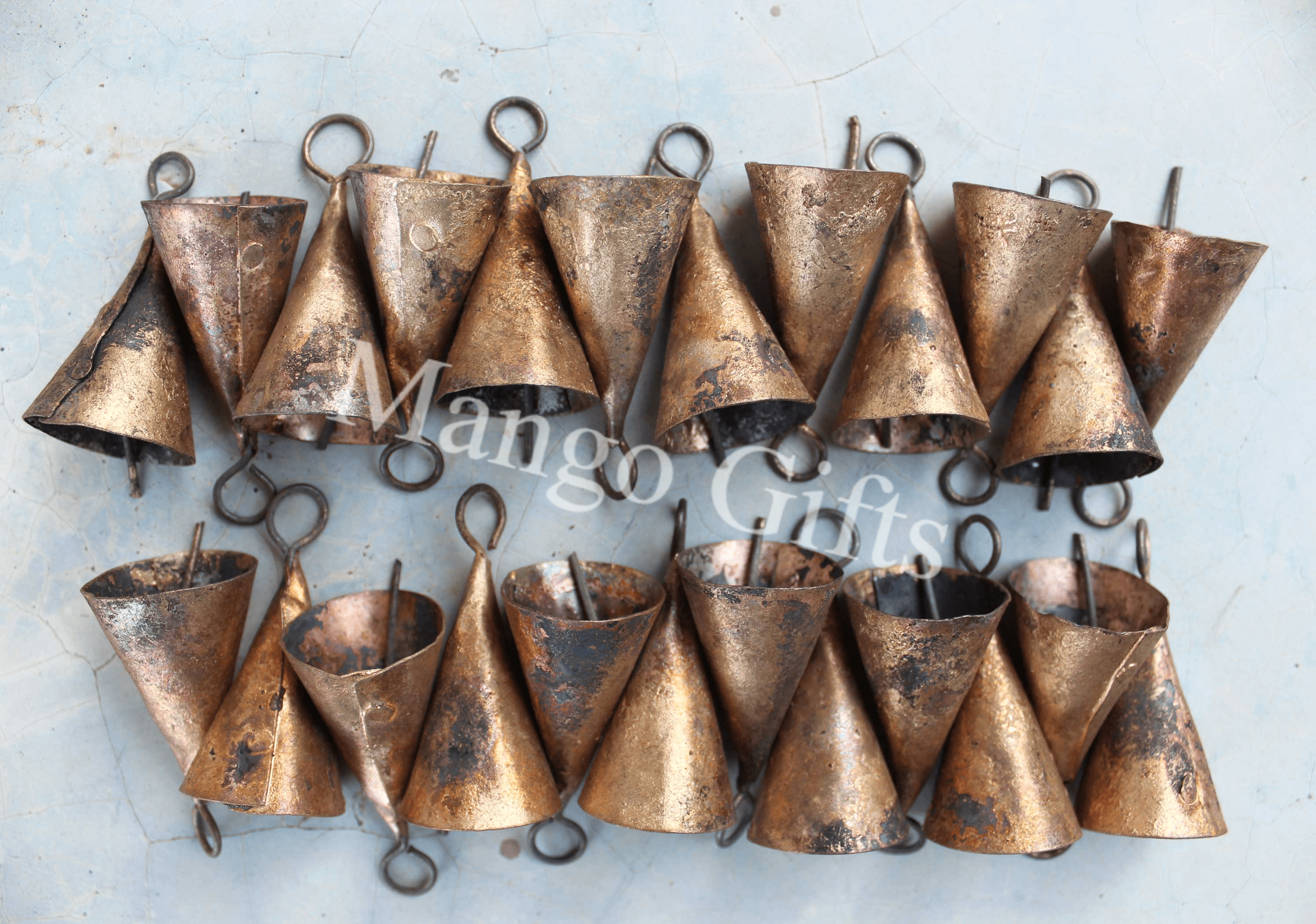Shabby chic recycled iron rustic cone-shaped bells, handmade cow bells, bronze finish, 1.75 inches height, soothing sound.