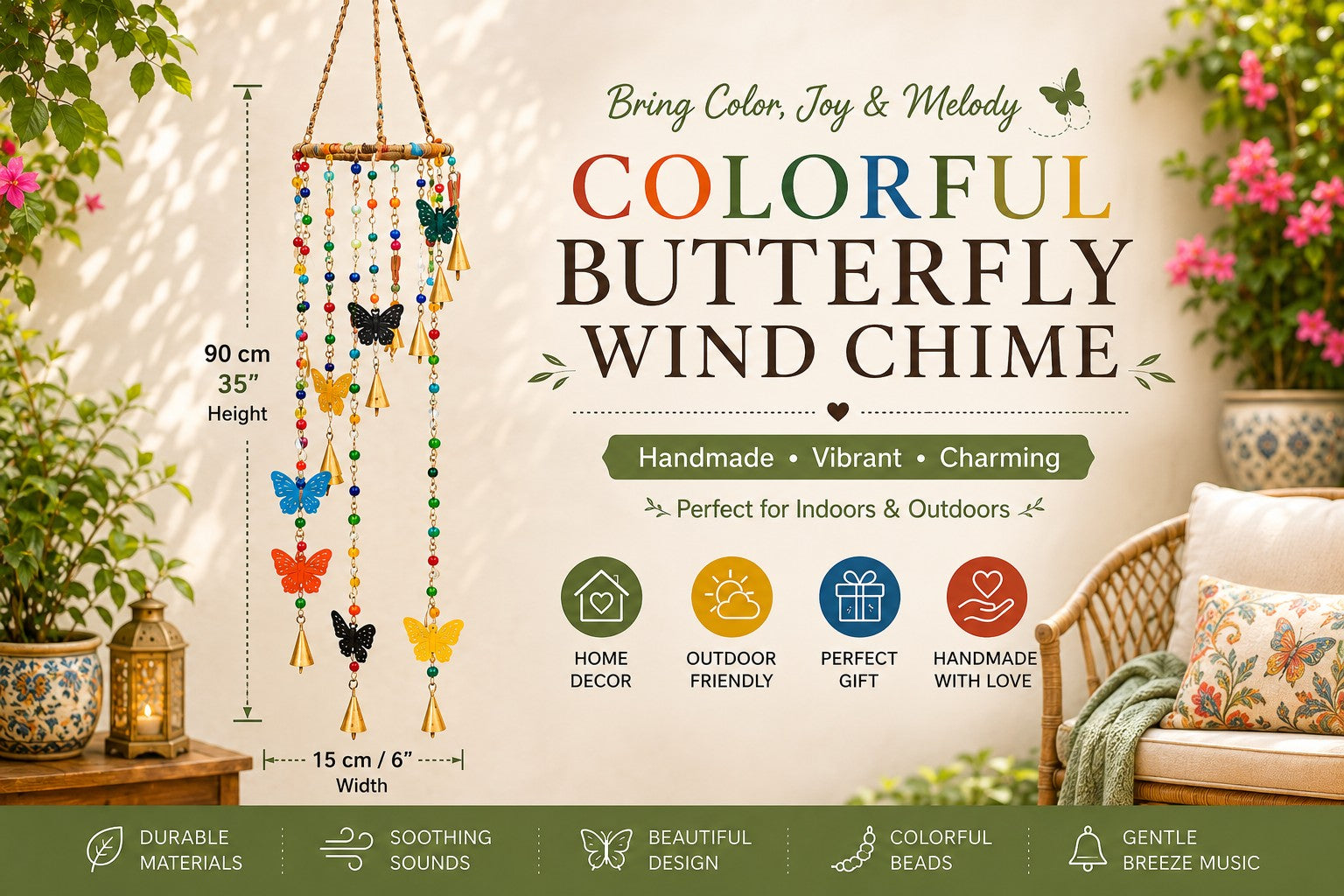 Colorful Butterfly Wind Chime, Handmade Beaded Hanging Chime with Metal Bells, Bohemian Garden Decor for Patio, Porch, Balcony, Window, Indoor Outdoor Decoration