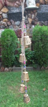 5 Vintage Bells Hanging Chime Mobile String Decoration 72 cm Height Bells on Jute Rope , Shabby Chic Rustic Farmhouse Outdoor Patio Home Garden Decoration