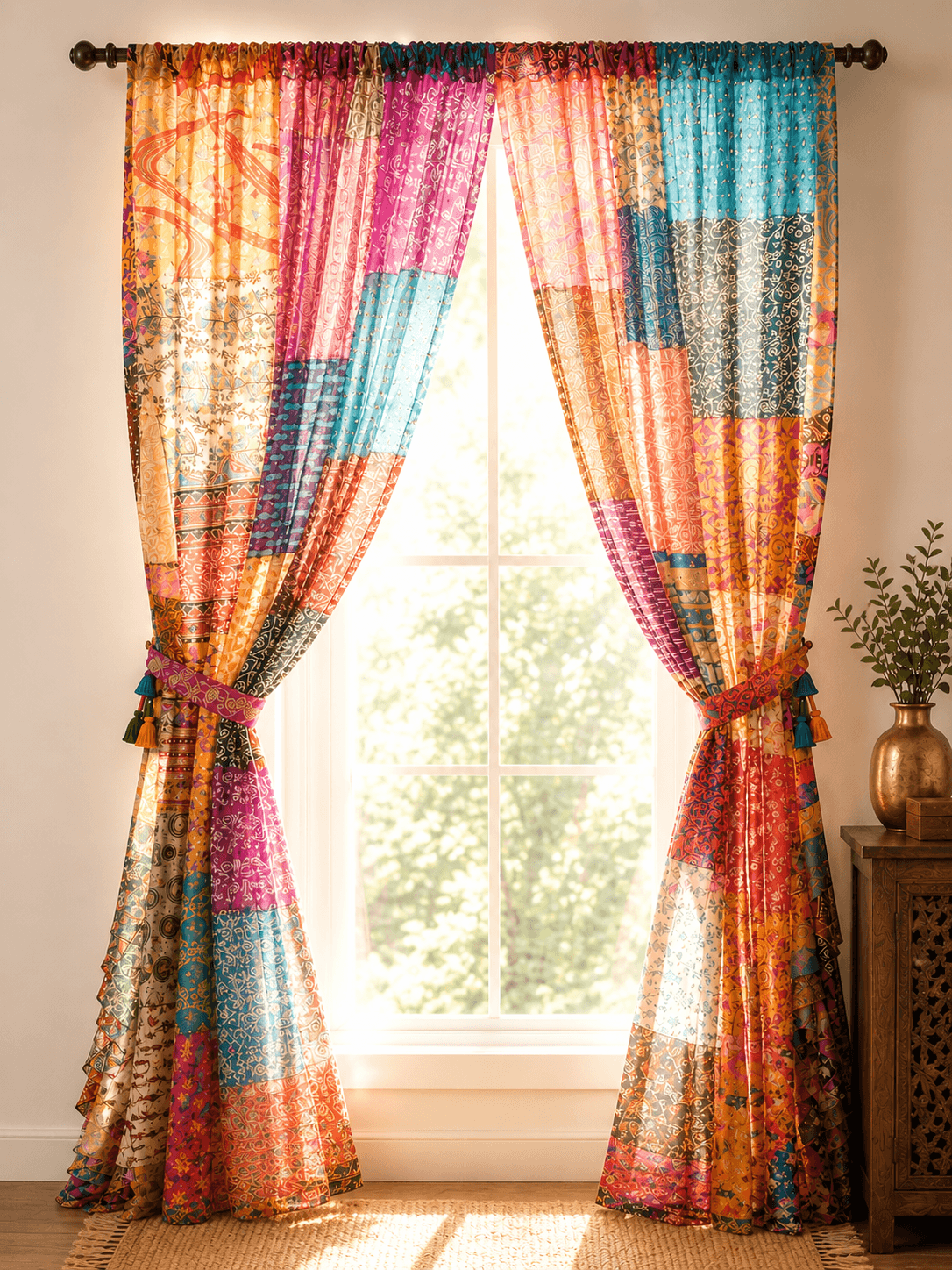 Boho sheer light filtering curtains in multicolor patchwork design, hanging elegantly by a window.