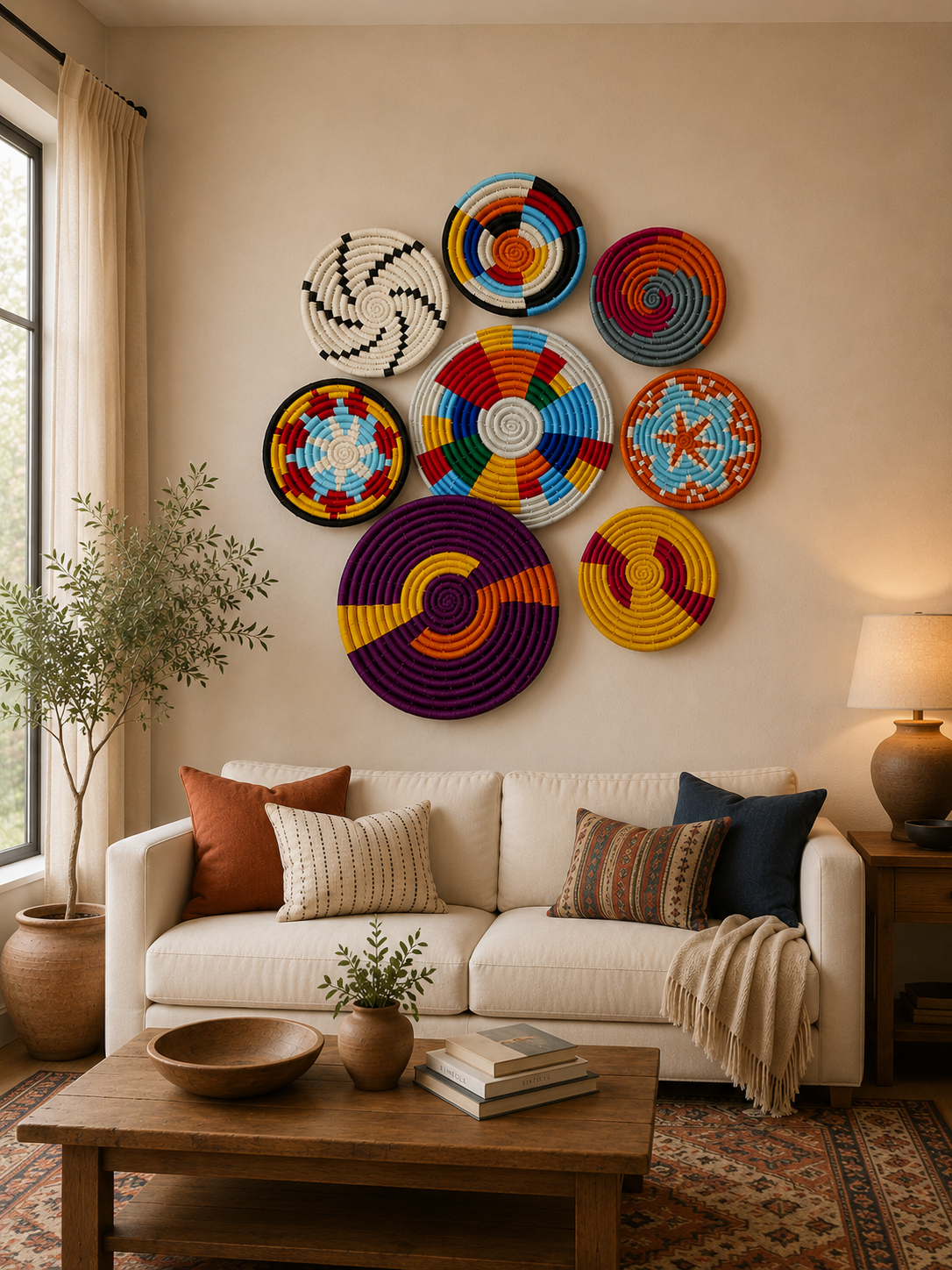 Sabai Grass Handwoven Rattan Wall Baskets Multicolor Bohemian Theme Wall Art Décor Bamboo Wall Baskets set of 7 Pieces (Copy) (Copy)