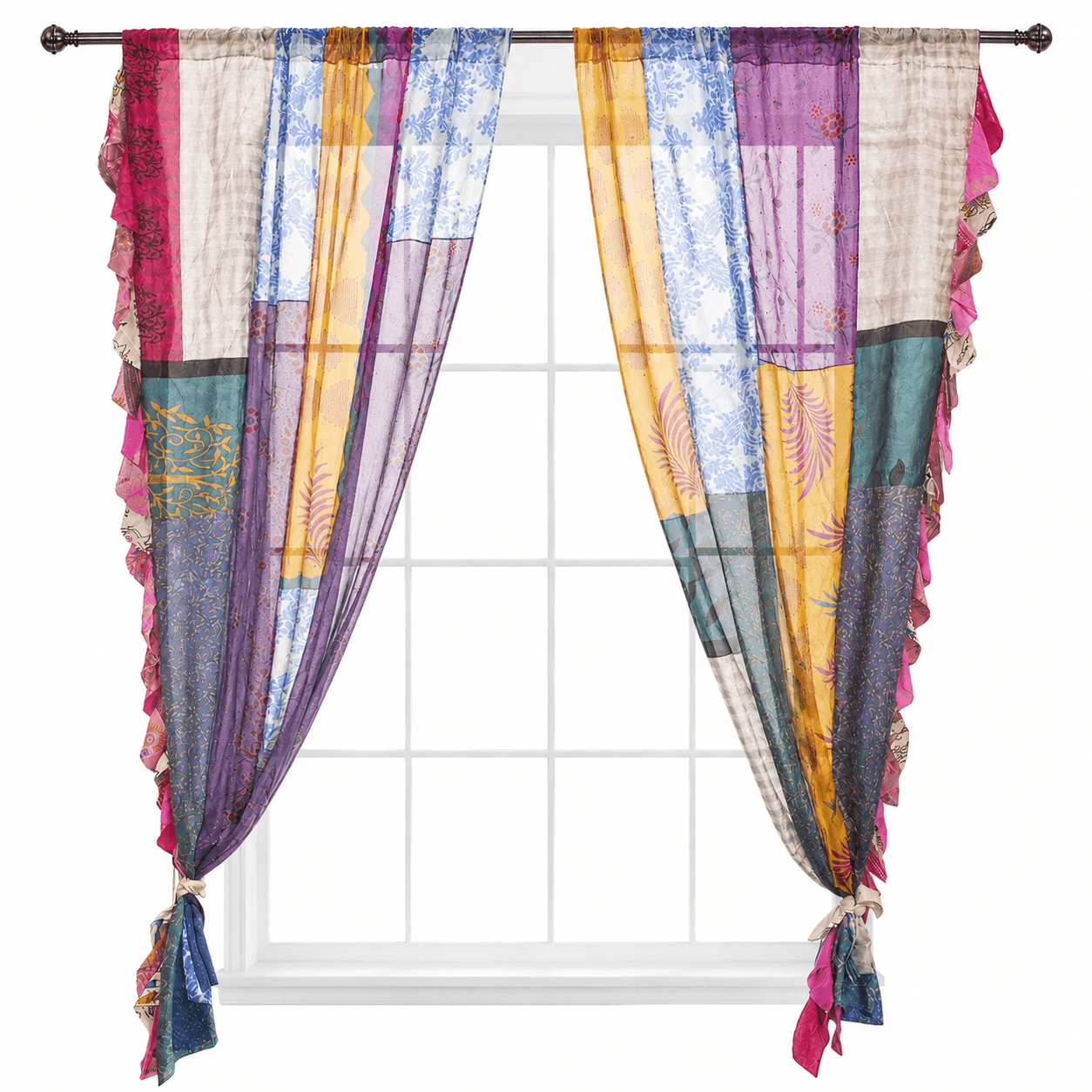 Recycled Silk Sari Patchwork Boho Curtains, Handmade Vintage Indian Drapes, Multicolor Rod Pocket Window Panels for Living Room Bedroom Doorway Decor, 80 x 45 Inch, Set of 2