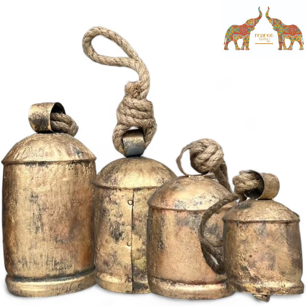 Set of 4 Giant Harmony Cow Bells Huge Vintage Handmade Rustic Lucky Christmas Hanging XL Bells On Rope Antique Gold