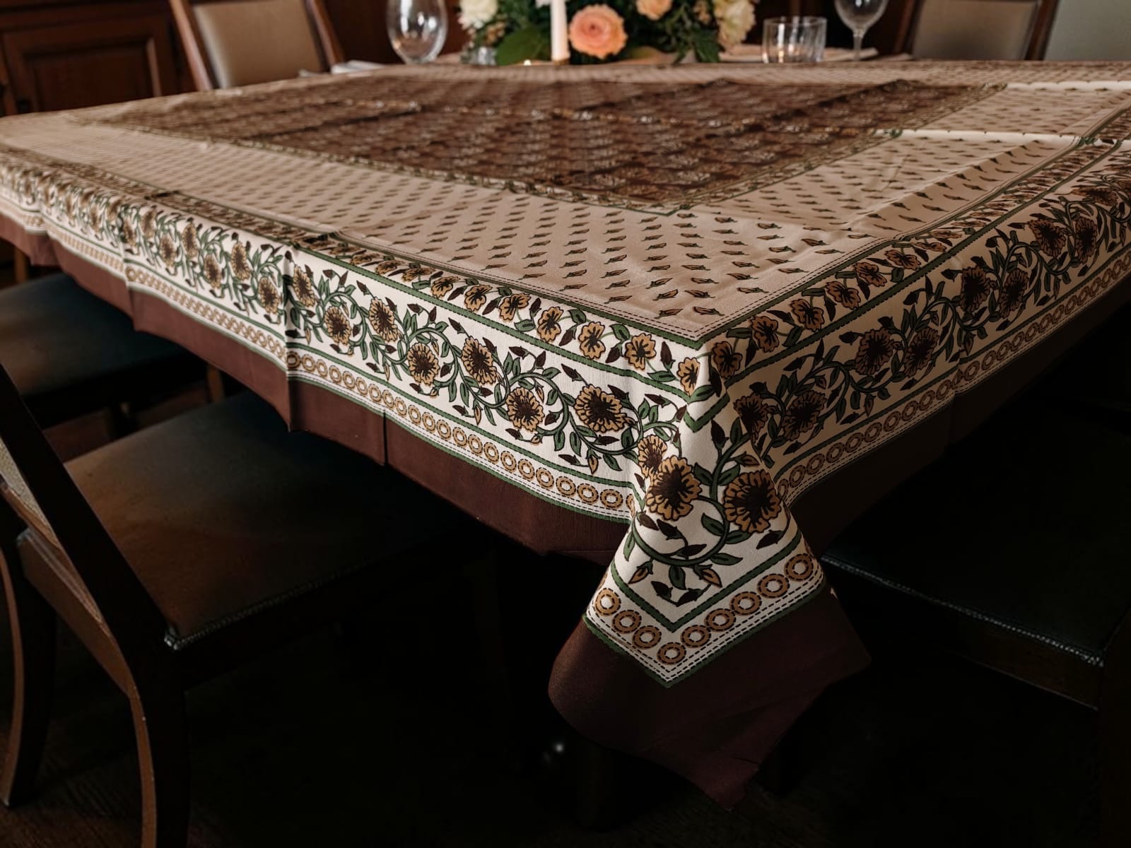 Mango Gifts Hand Block Printed 100% Rectangular Pure Cotton Tablecloth | Floral & Striped Design, Washable Dining Table Cover, 60x90 Inches