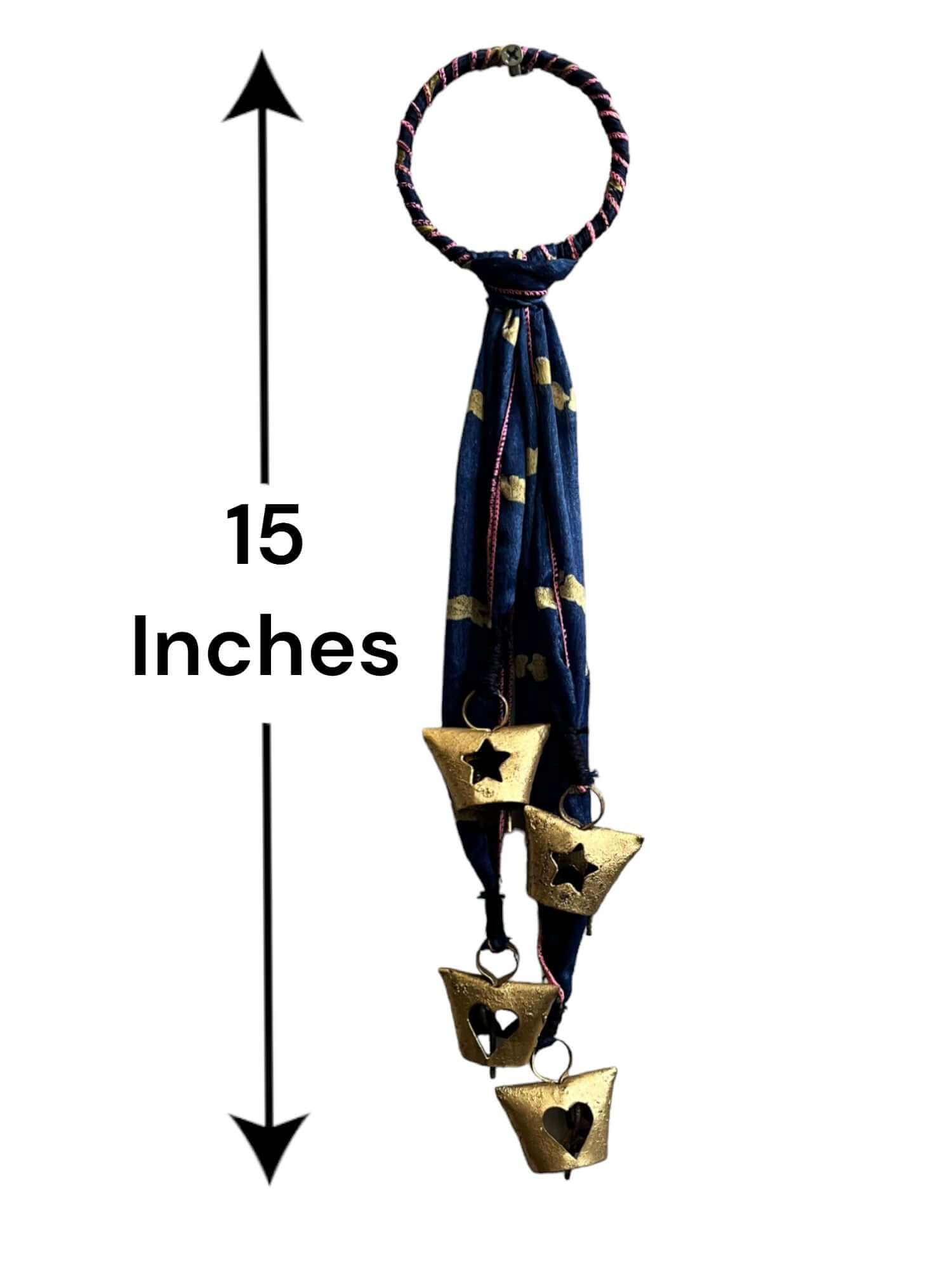 Handmade Evil Eye metal bell door hanger, 15 inches long, bohemian decor with recycled materials and colorful fabric.