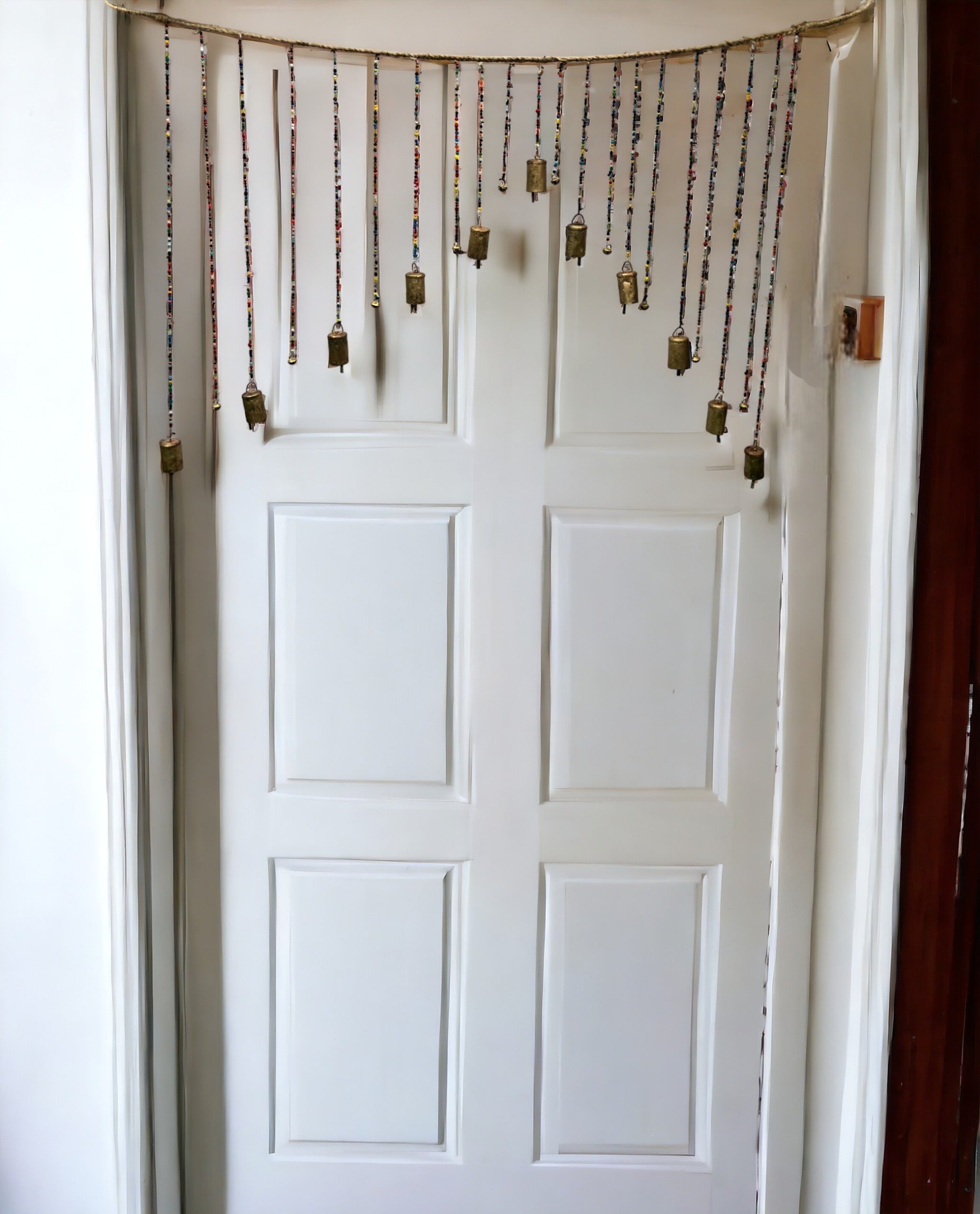 Beaded wall door hanging valance with multicolour glass beads and brass bells, Bohemian home décor.