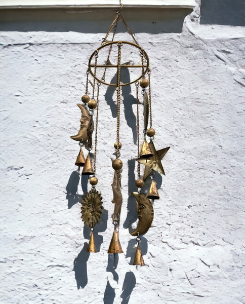 Sun N Moon Recycled Iron Hanging Windchime Beads Bells Suncatcher Indian Antique Country Farmhouse Bohemian Home Décor